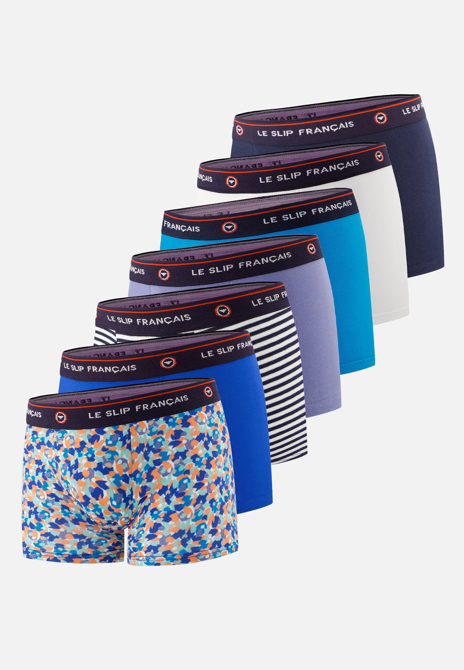 Pack of 7 children's cotton boxer shorts - White, Confetti Blue, Nautical Blue, Navy Blue, Striped Blue, Denim Blue, Fluorescent Blue