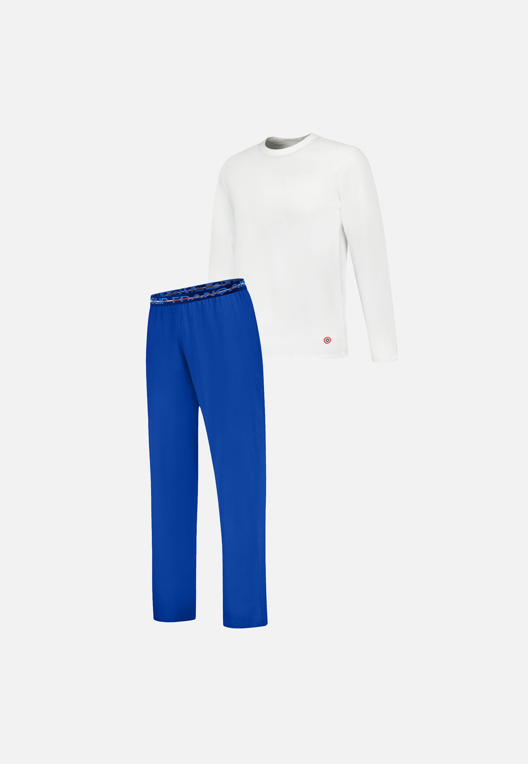 Ensemble pyjama haut blanc et pantalon bleu en coton - Pyjama haut manches longues superbe Blanc et bas de pyjama long indomptable bleu nautique