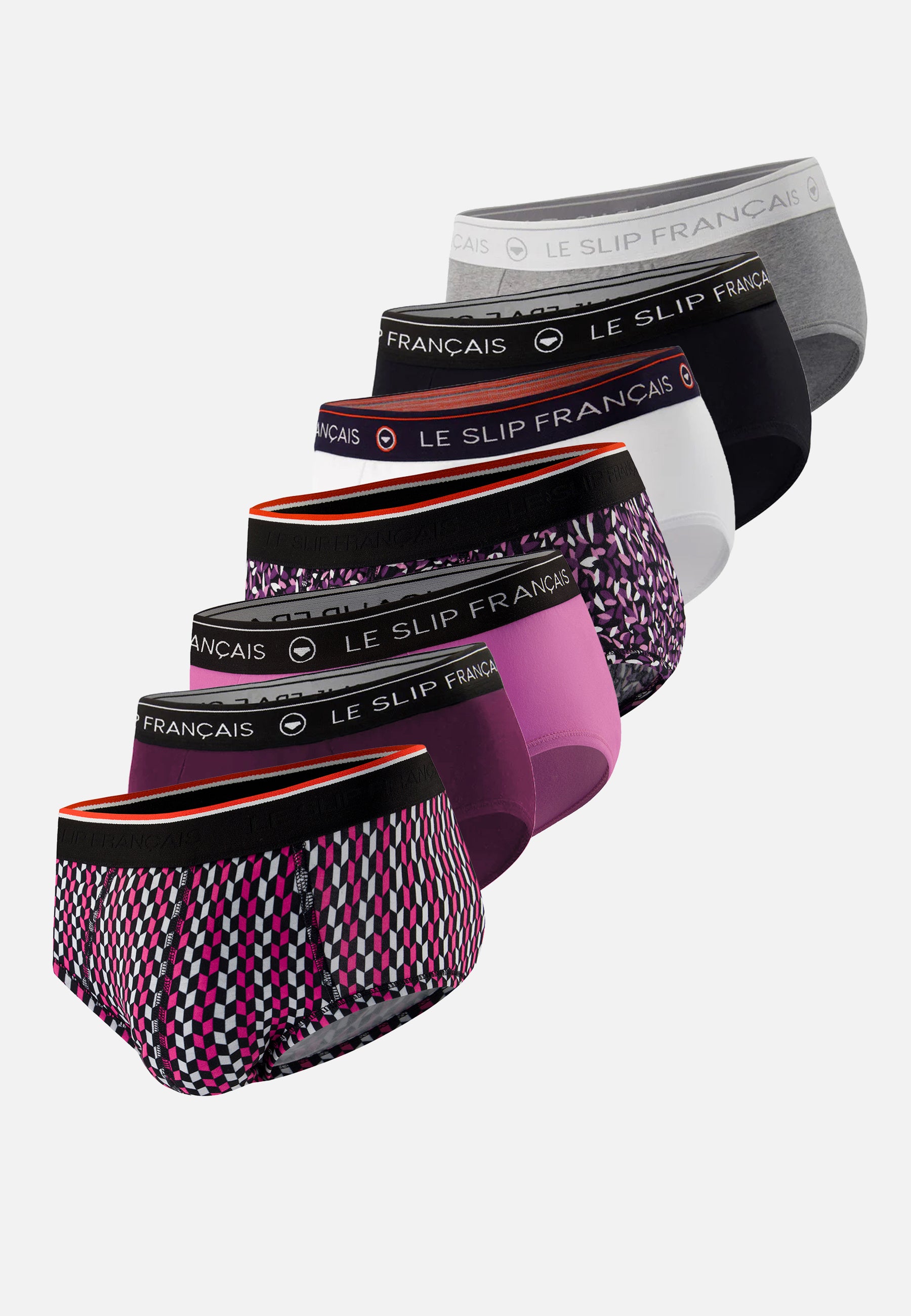 Lot de 7 slips en coton - Slips Prune Fuchsia Blanc Noir Gris Chiné Fléchette Fuchsia Gavotte Prune