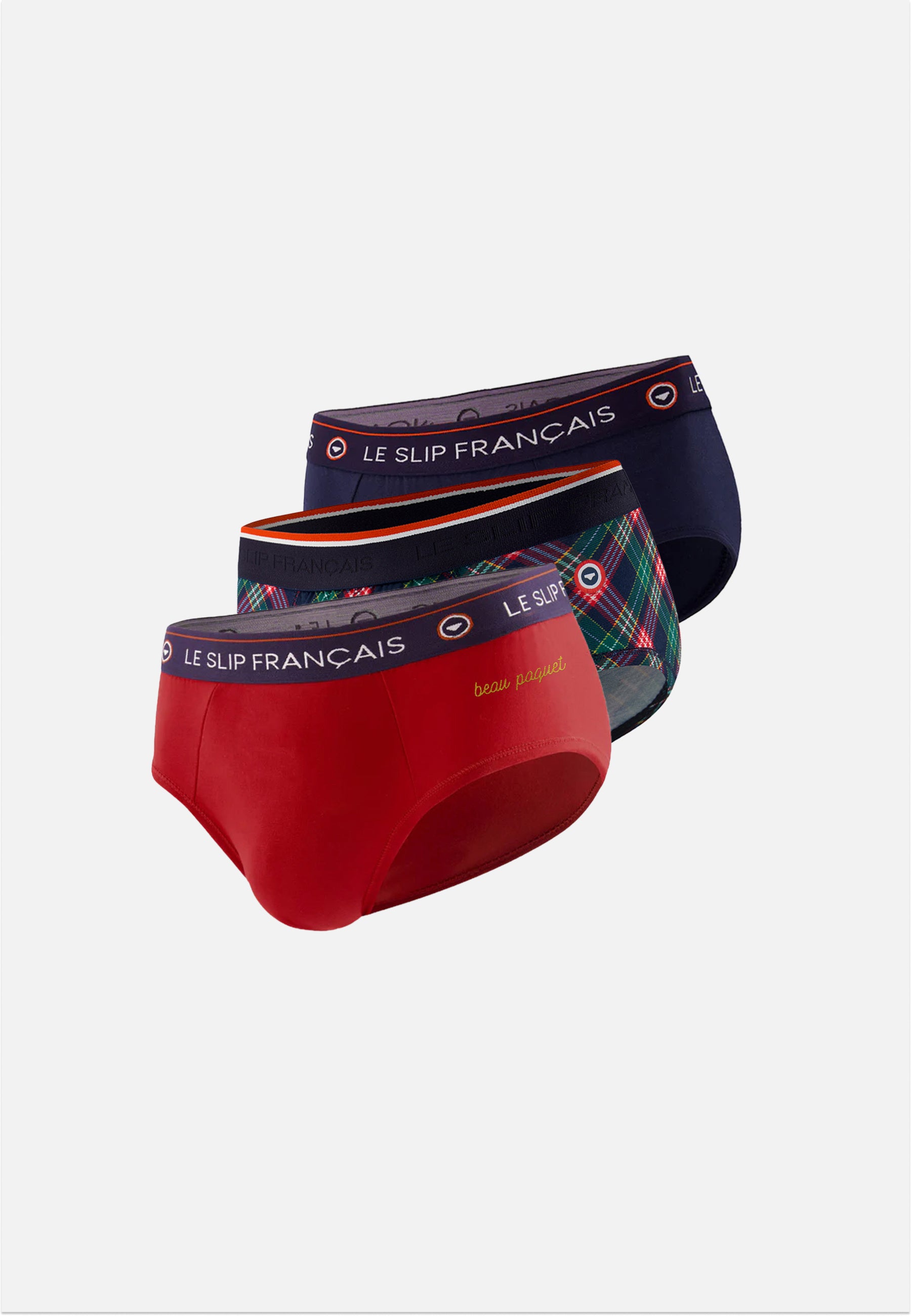 Pack of 3 cotton briefs - Navy Tartan Red Embroidered Briefs Beautiful Pack