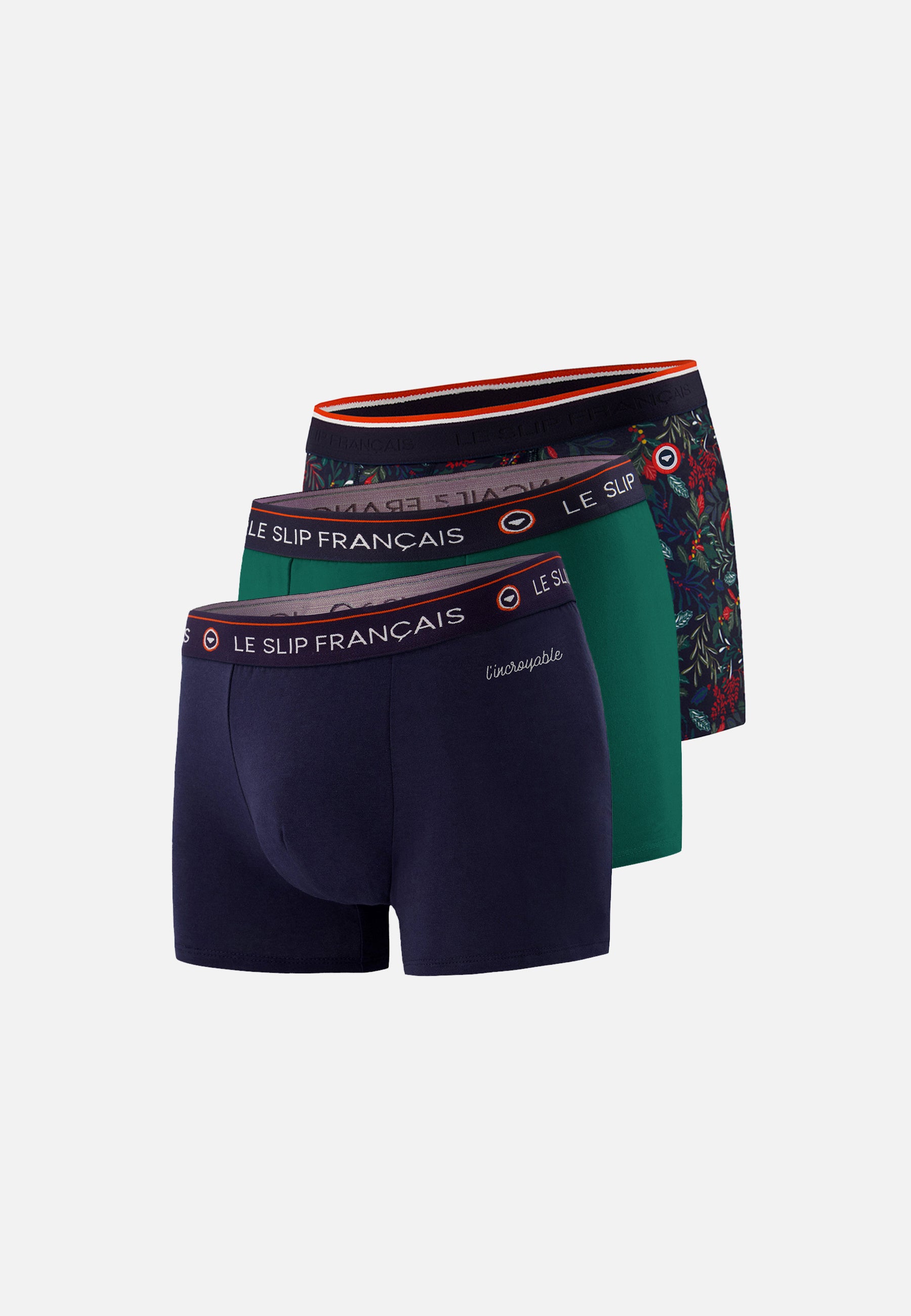 Lot de 3 boxers en coton - Boxers Marine Brodé L'Incroyable Houx Marbre Vert Sapin