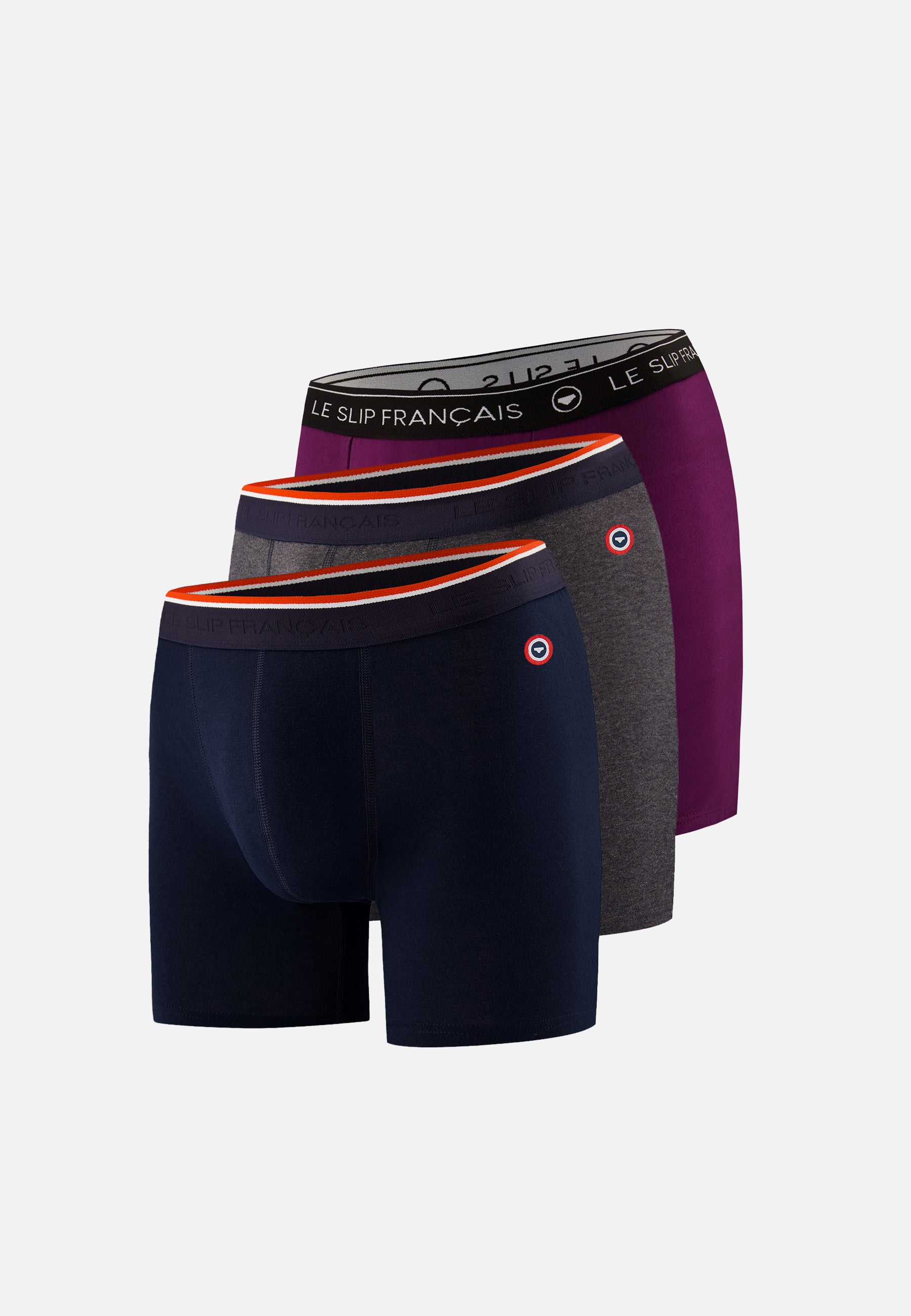 Pack of 3 long cotton boxers - Navy Grey Anthracite Plum Boxers
