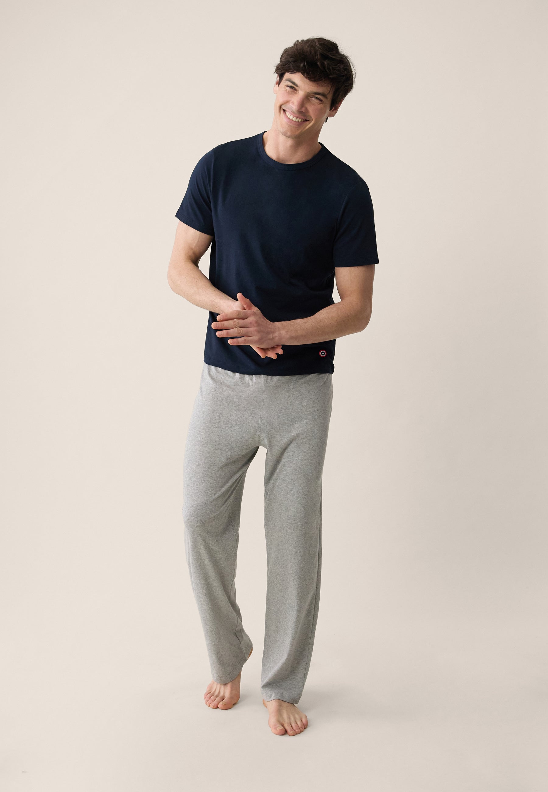 Navy Blue Top and Grey Cotton Pants Pajama Set - Terrific Navy Short Sleeve Top Pajamas and Indomitable Grey Long Pajama Bottoms