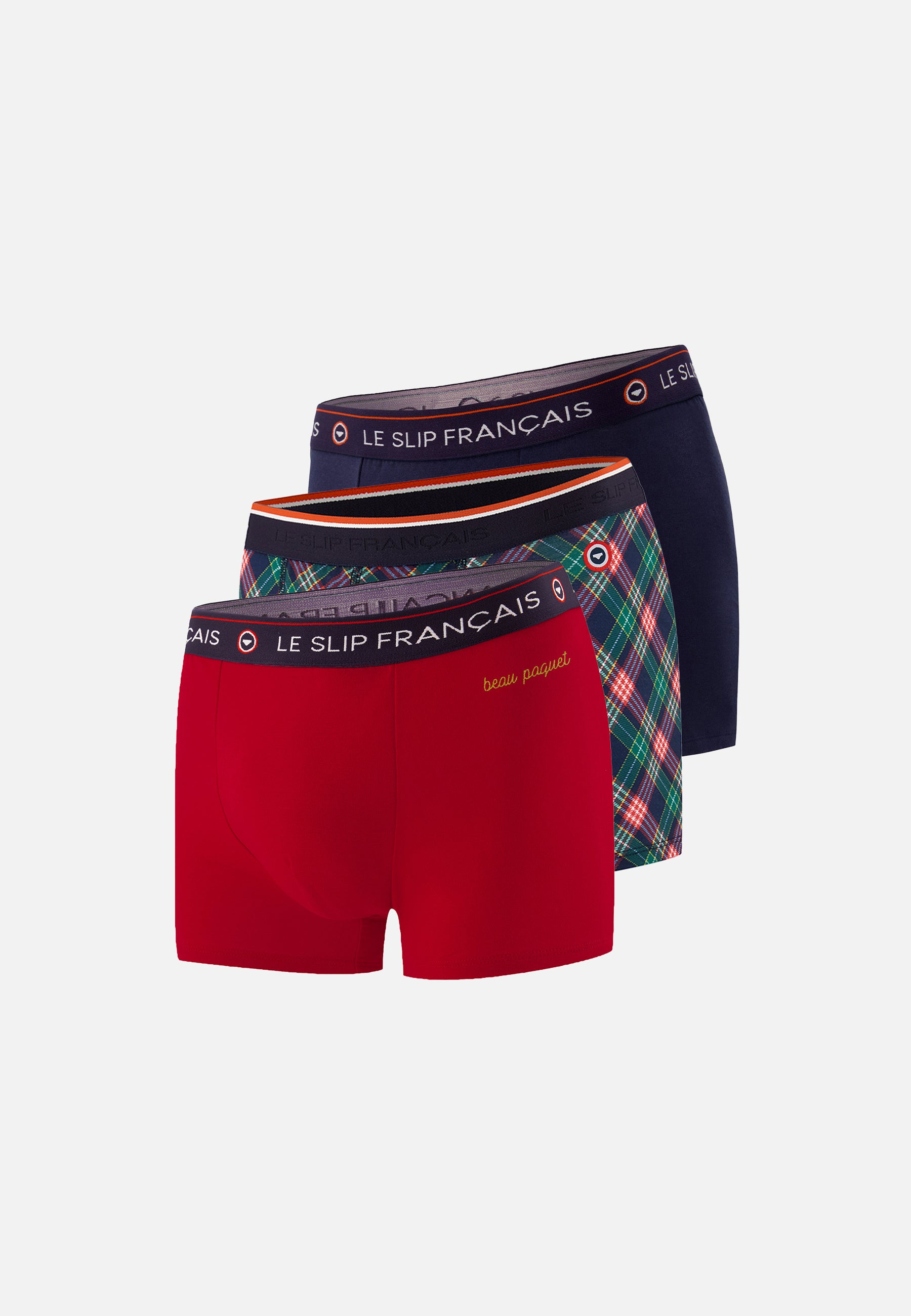 Pack of 3 cotton boxer shorts - Navy Red Tartan Embroidered Boxer Shorts Beautiful Pack