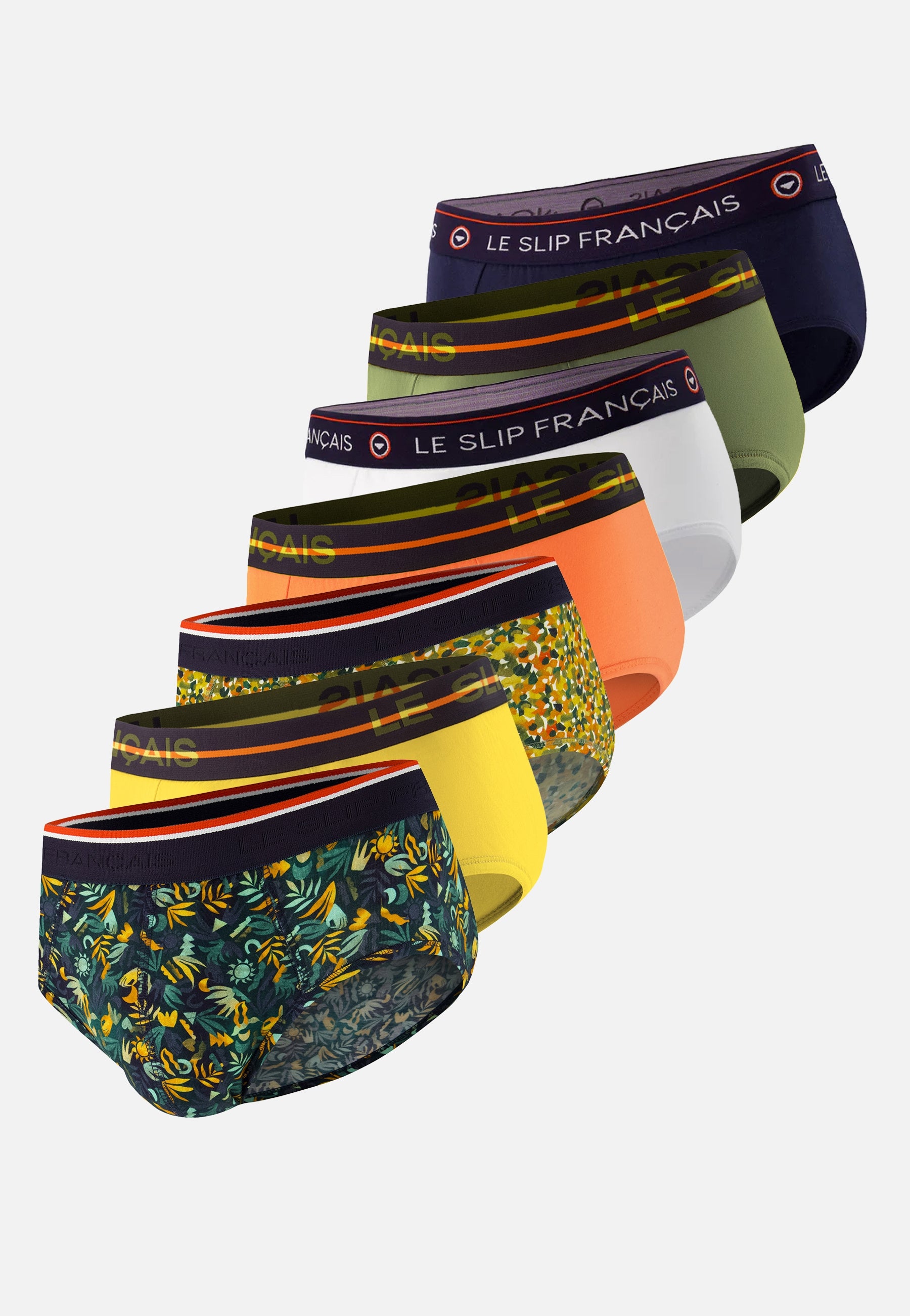 Pack of 7 cotton briefs - Navy, Orange, White, Jungle, Yellow, Confetti, Khaki, Veronese