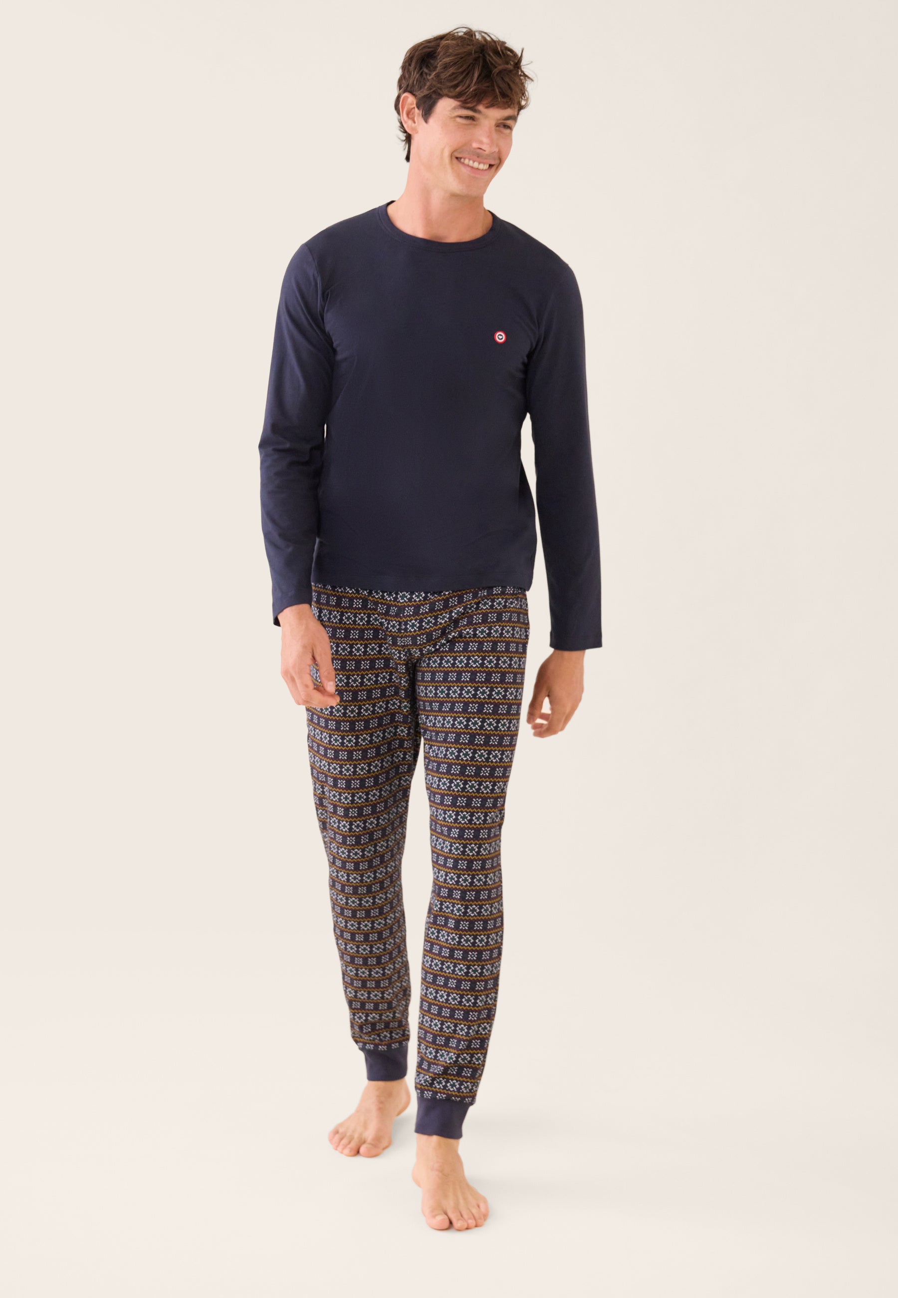 Ensemble pyjama haut bleu marine et bas fantaisie en coton - Pyjama Manuel Haut Manches Longues Uni Marine Et Bas Long Fantaisie