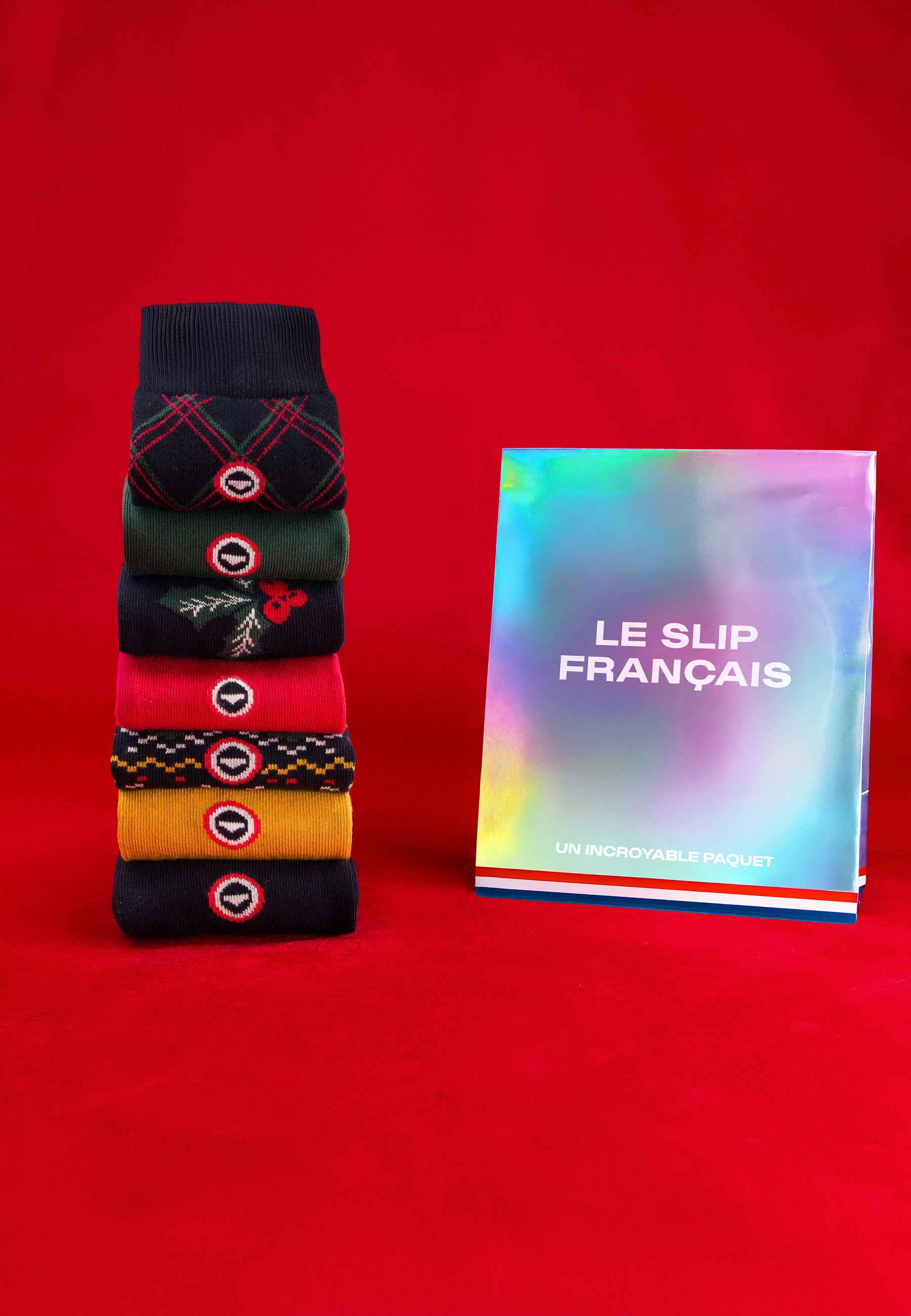 Lot de 7 chaussettes mi-hautes en coton - Chaussettes Marine Vert Sapin Rouge Cerise DemiBloc Flocon Moutarde Houx