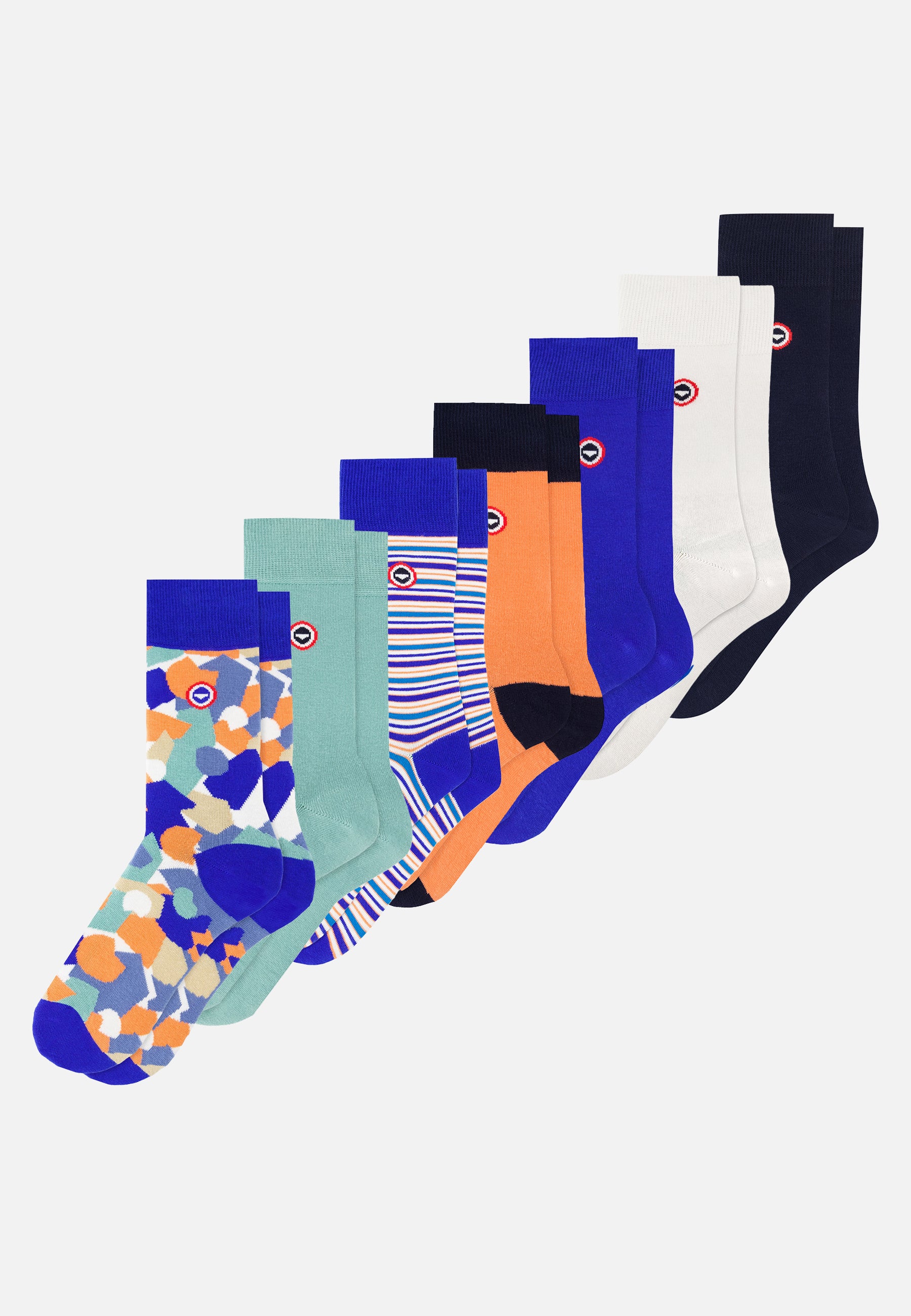 Pack of 7 mid-calf cotton socks - Azure Green Confetti Nautical Blue Orange Navy Stripes Navy White