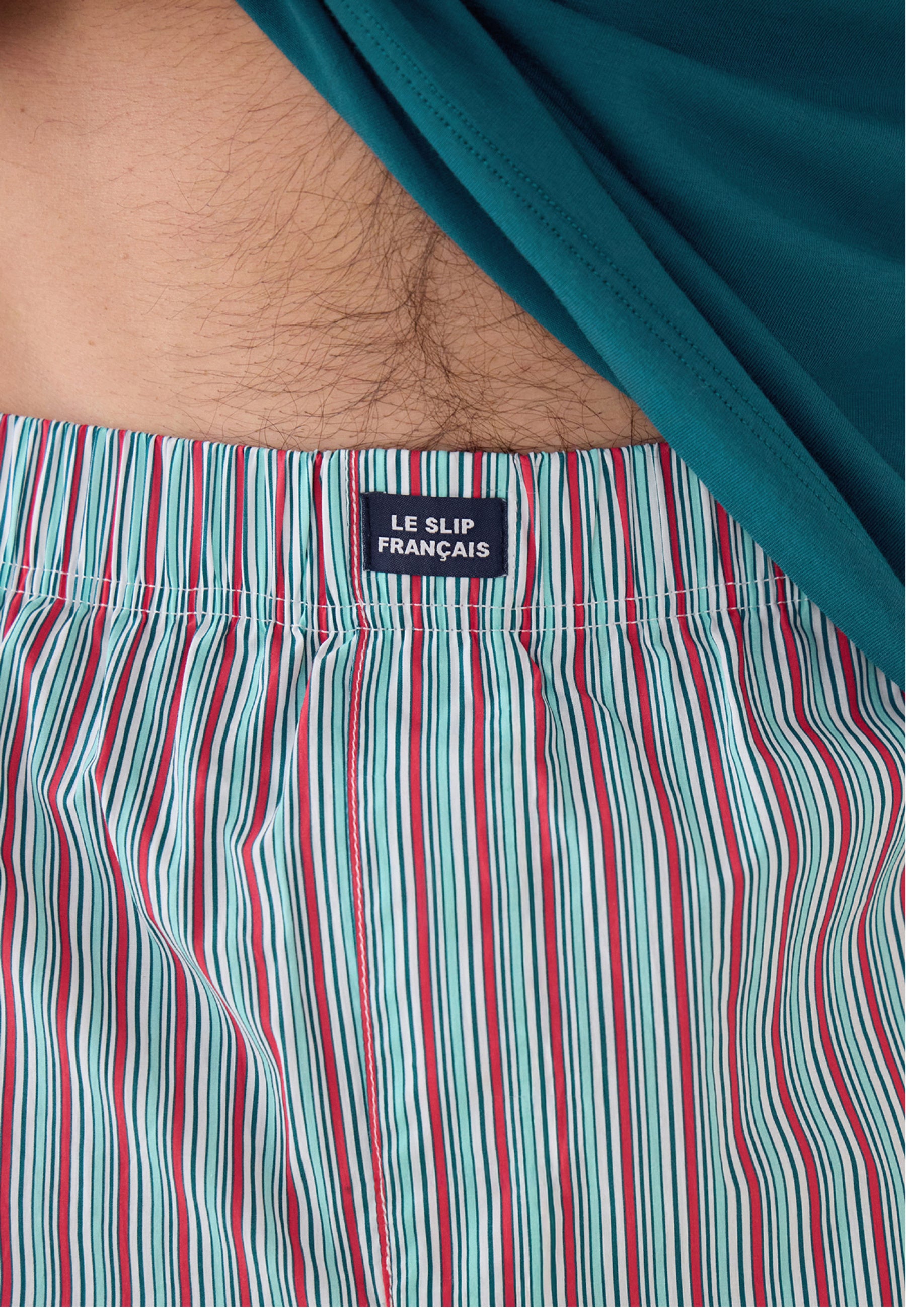 Cotton pyjama set (top and shorts) - Great short-sleeved pyjama top in Teal Blue and short pyjama bottoms in jacquot stripes, Mattress Pink Cherry