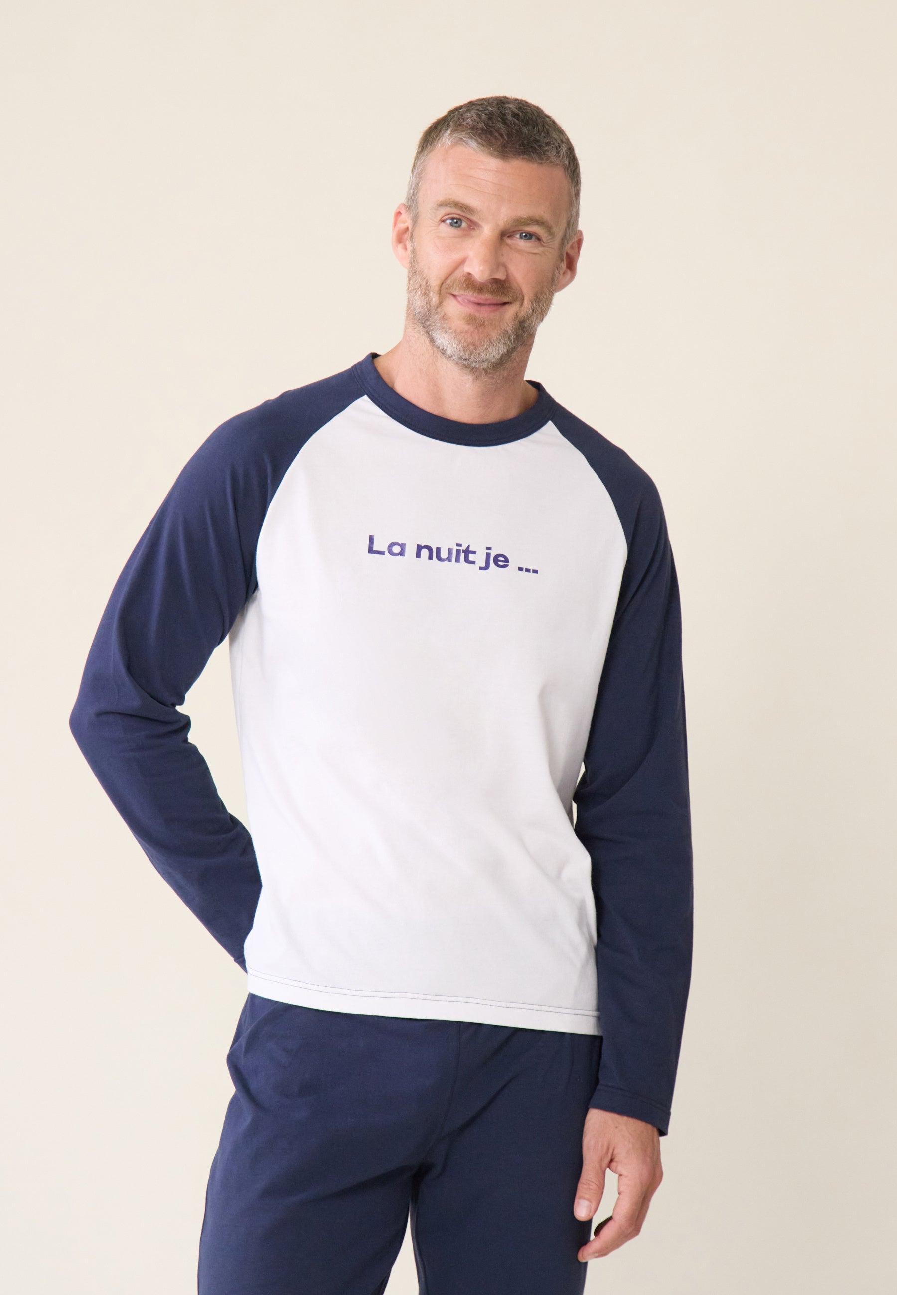 Ensemble pyjama haut et pantalon bleu en coton - Pyjama nathan haut manches longues Blanc et bas de pyjama long Marine