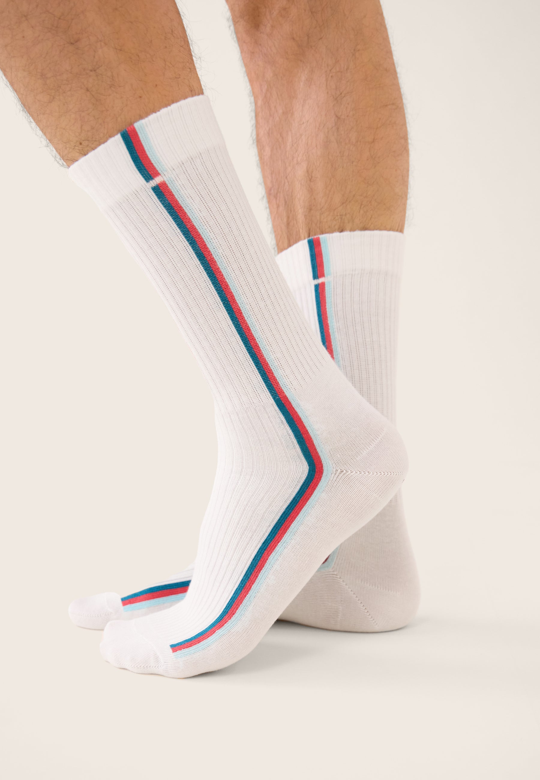 Striped mid-calf sports socks in blue, pink, and green - Wilfried Lines Teal, Cherry Pink, and Aqua