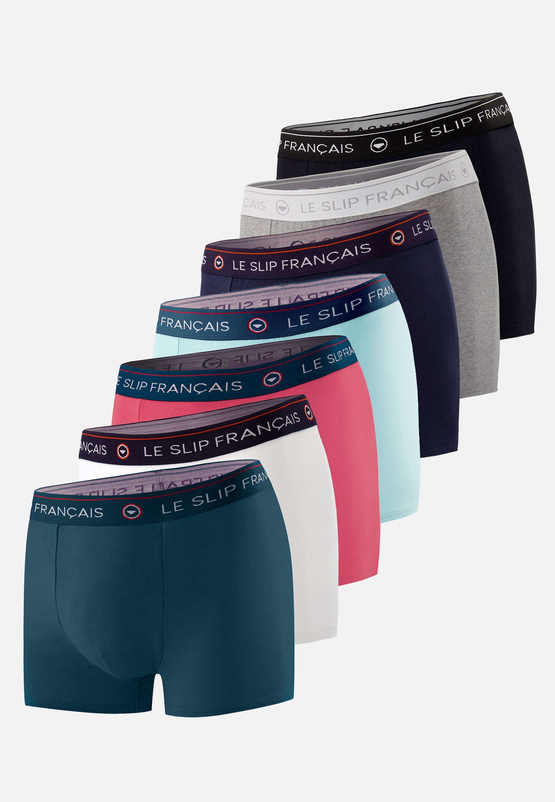 Lot de 7 boxers en coton - Boxers Marine Blanc Canard Vert D'eau Gris Chiné Rose Noir