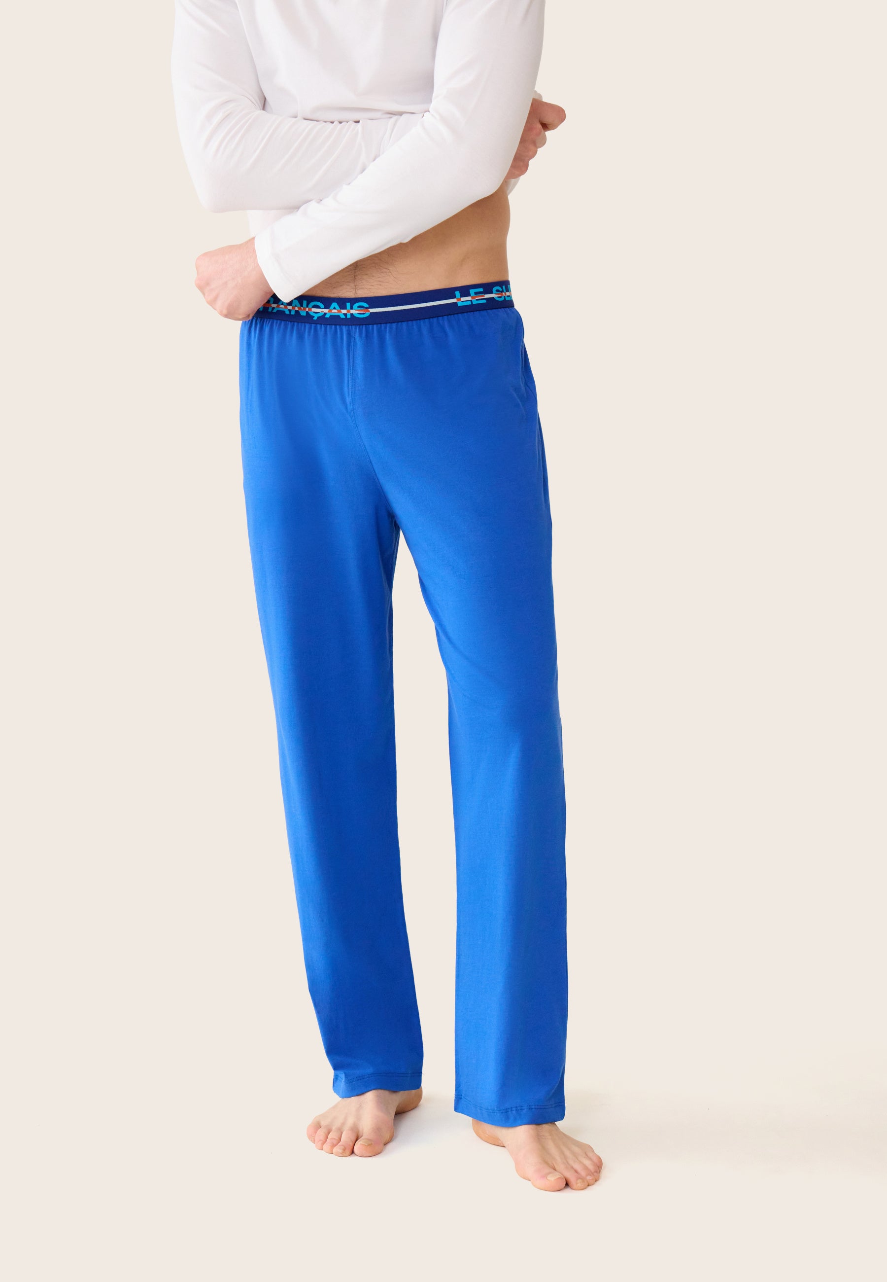 Ensemble pyjama haut blanc et pantalon bleu en coton - Pyjama haut manches longues superbe Blanc et bas de pyjama long indomptable bleu nautique