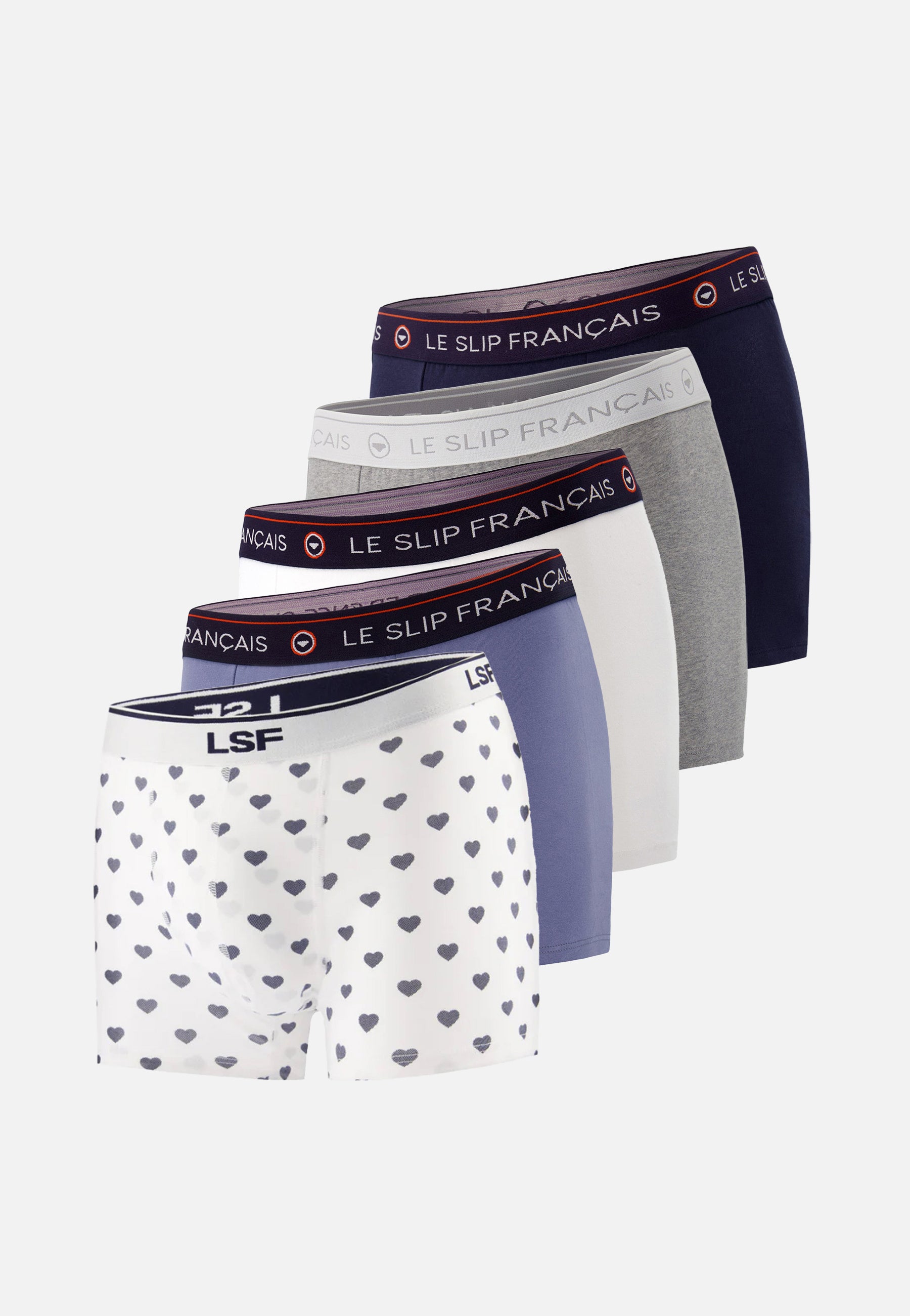Pack of 5 cotton boxer shorts - Little Heart Boxers Navy Blue Denim White Grey