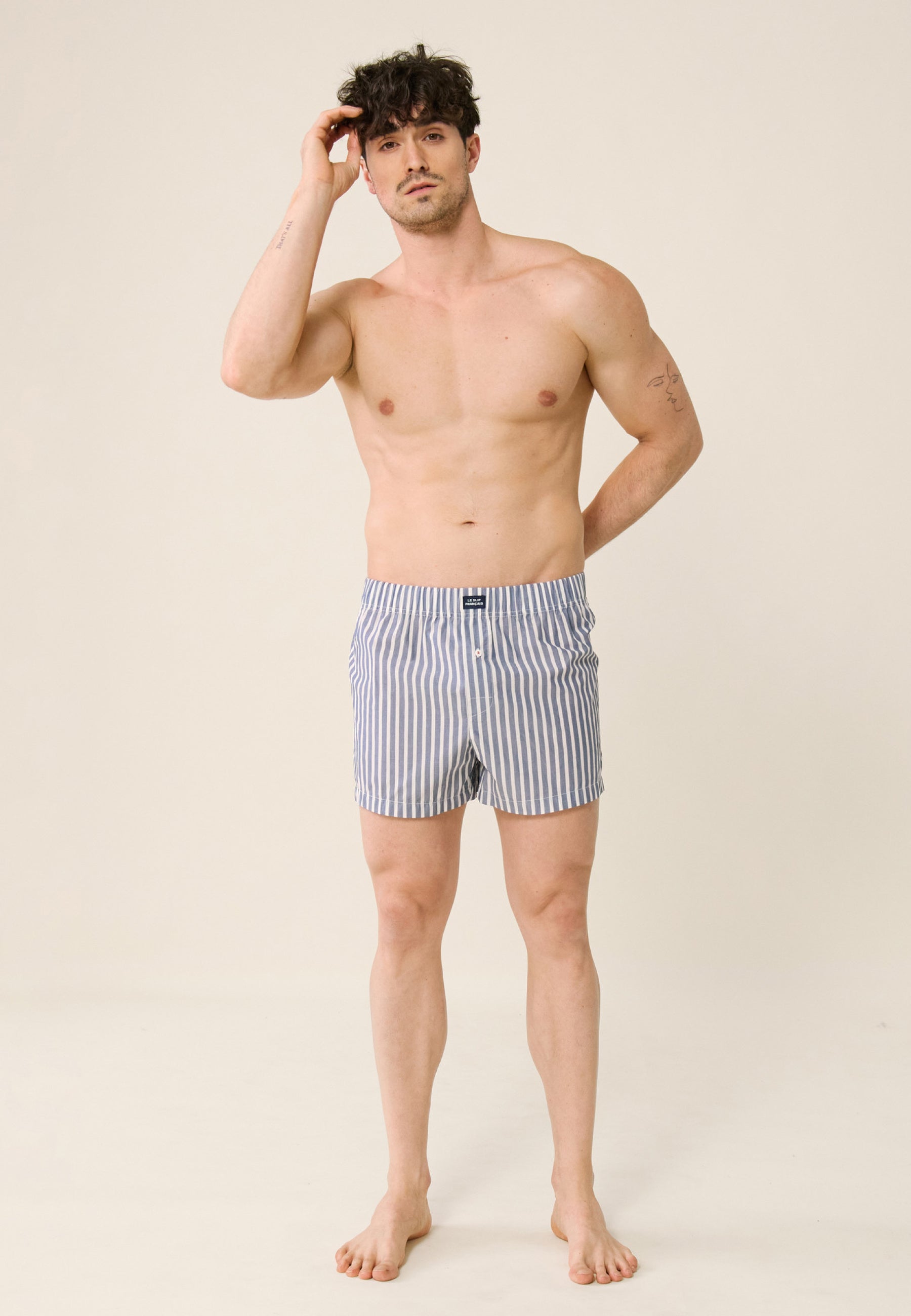 Caleçon à rayures bleu et gris en coton - Jacques Rayures Bleu Gris