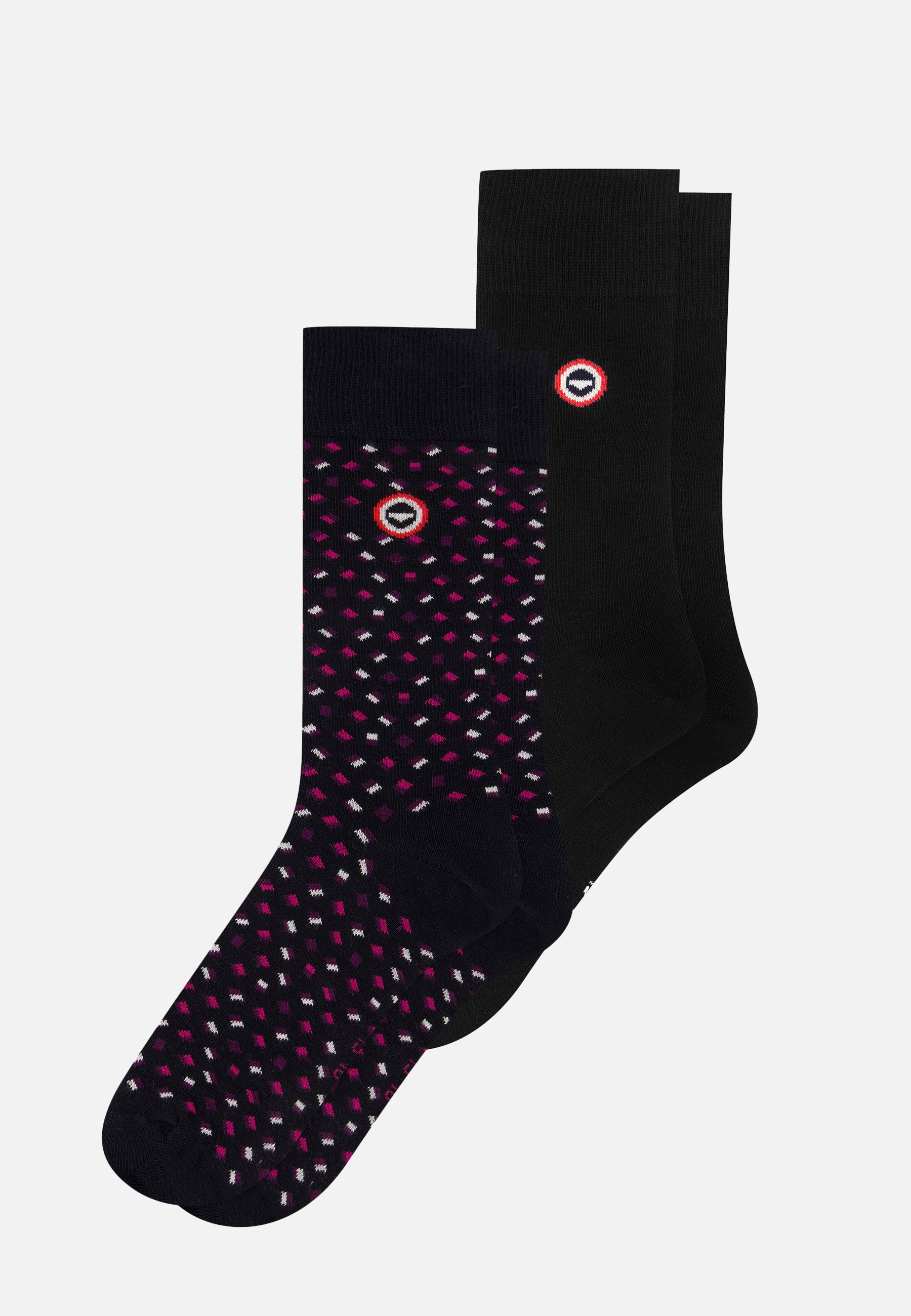 Pack of 2 mid-calf cotton socks - Black Socks with Small Fuchsia Square