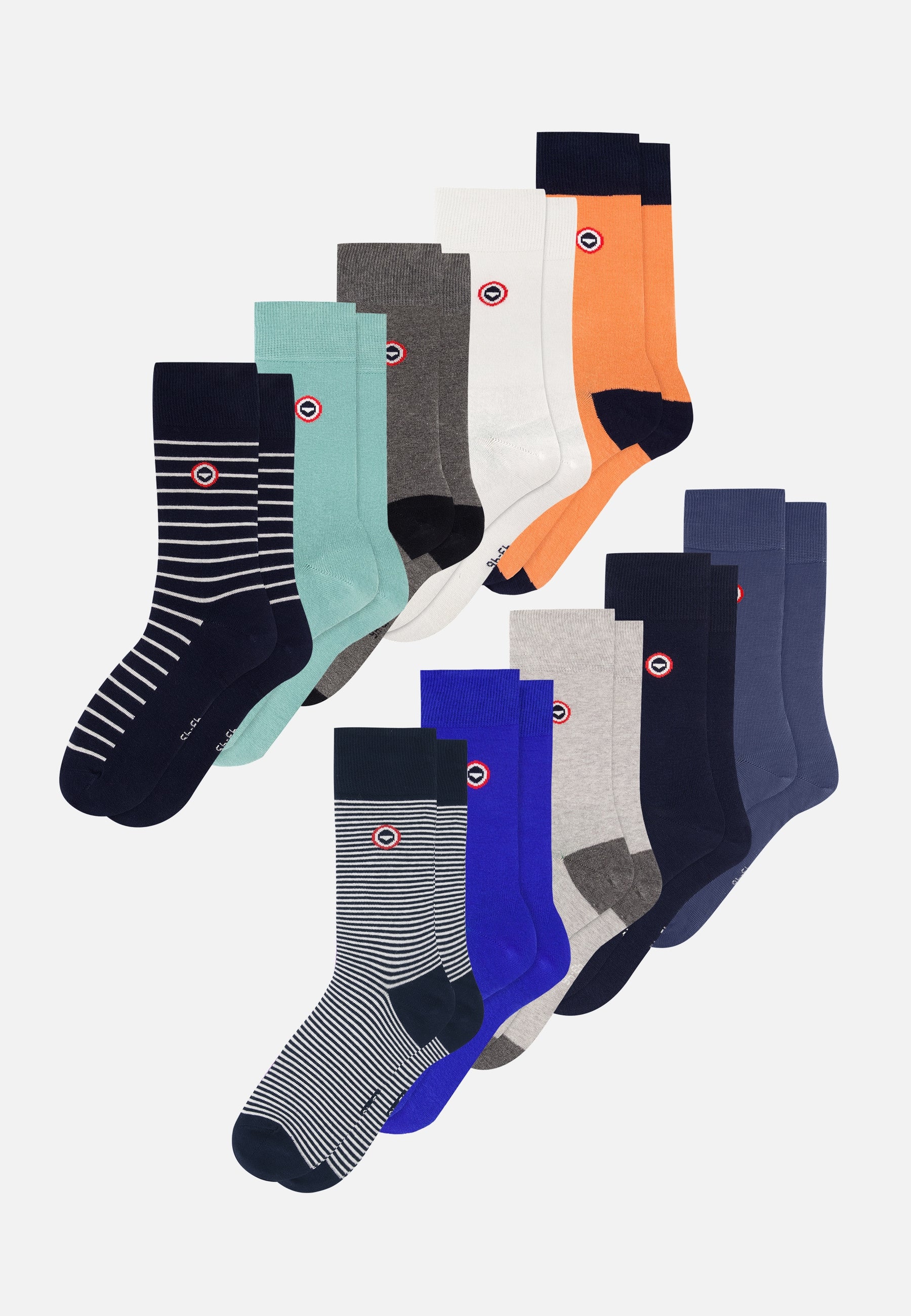 Lot de 10 chaussettes mi-hautes en coton - Chaussettes Marinière, Bleu Nautique, Orange, Vert Azur, Marine, Blanc, Marine Rayures Blanches, Acier, Gris Anthracite et Gris Clair