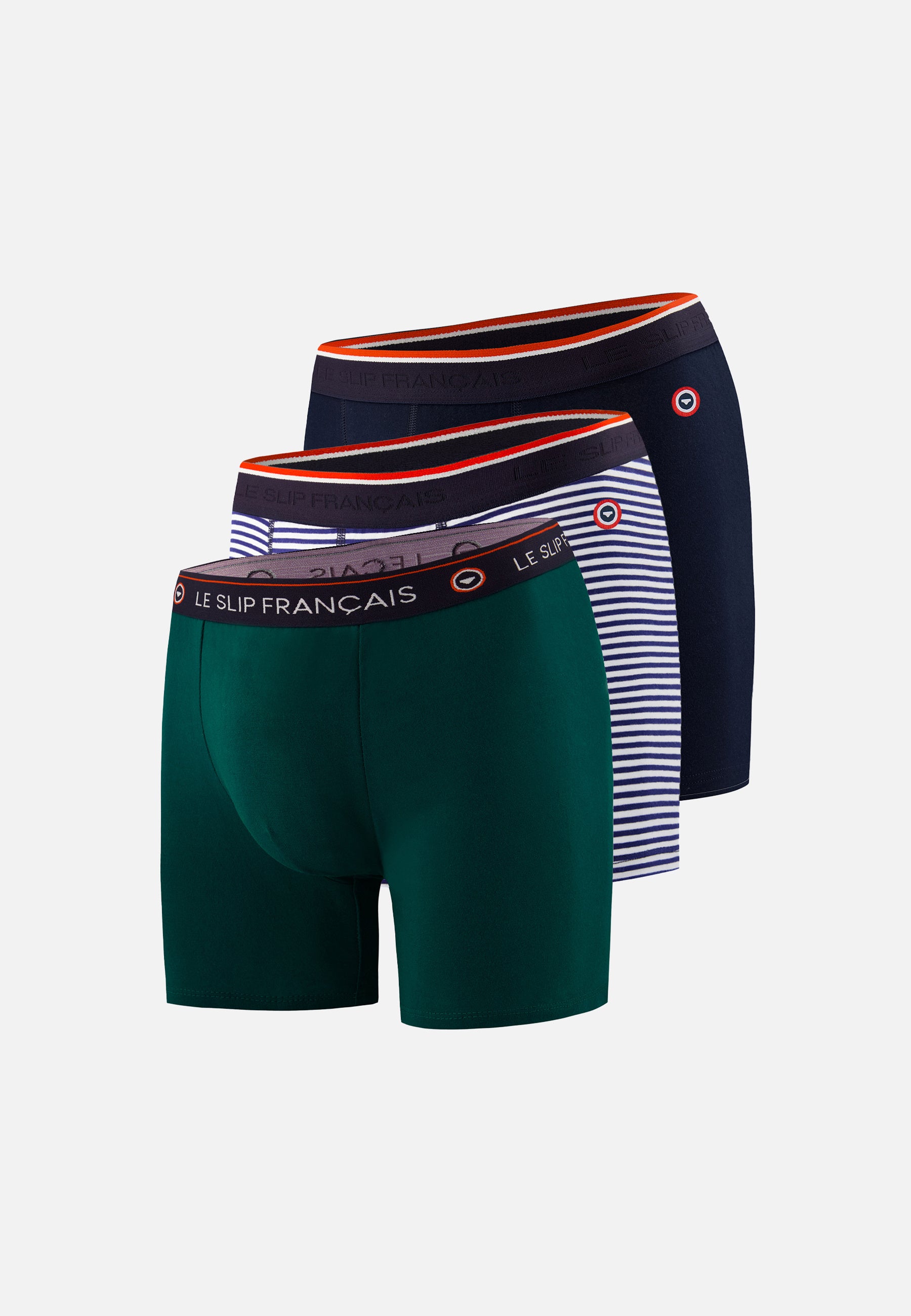 Pack of 3 long cotton boxer shorts - Long boxer shorts in navy and pine green striped pattern
