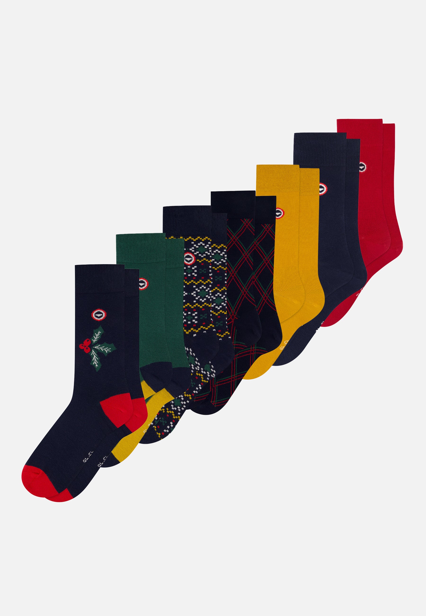 Pack of 7 mid-calf cotton socks - Navy Socks Fir Green Cherry Red Half Block Snowflake Mustard Holly