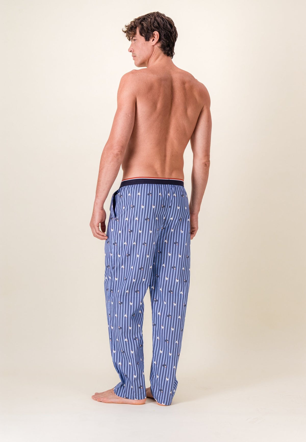 Bas de pyjama long à motif rayure coq bleu acier en coton - Bastien Rayure Coq Bleu Acier