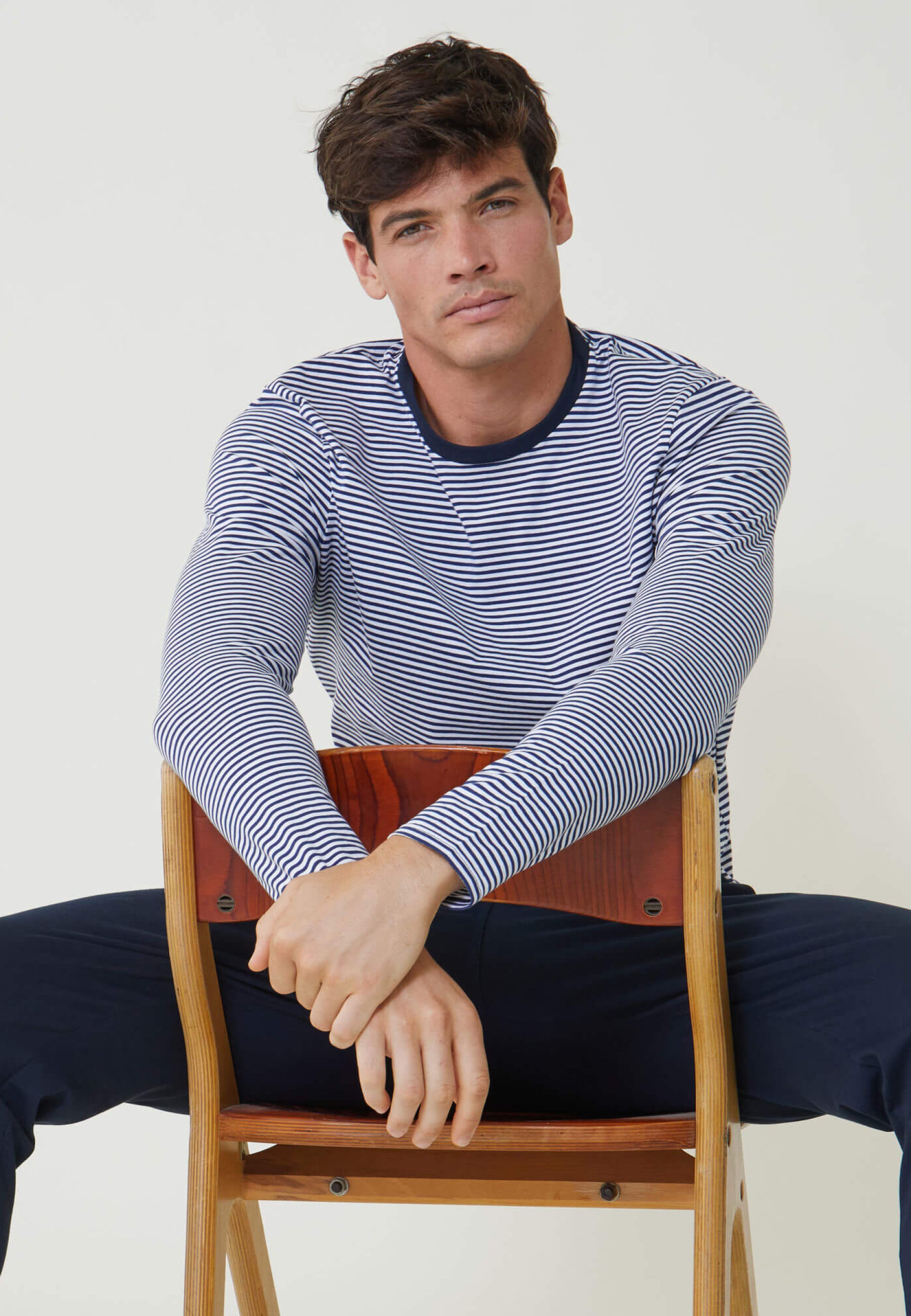 Navy blue cotton pyjama set with striped top and trousers - Navy Blue Striped Pyjama Pack