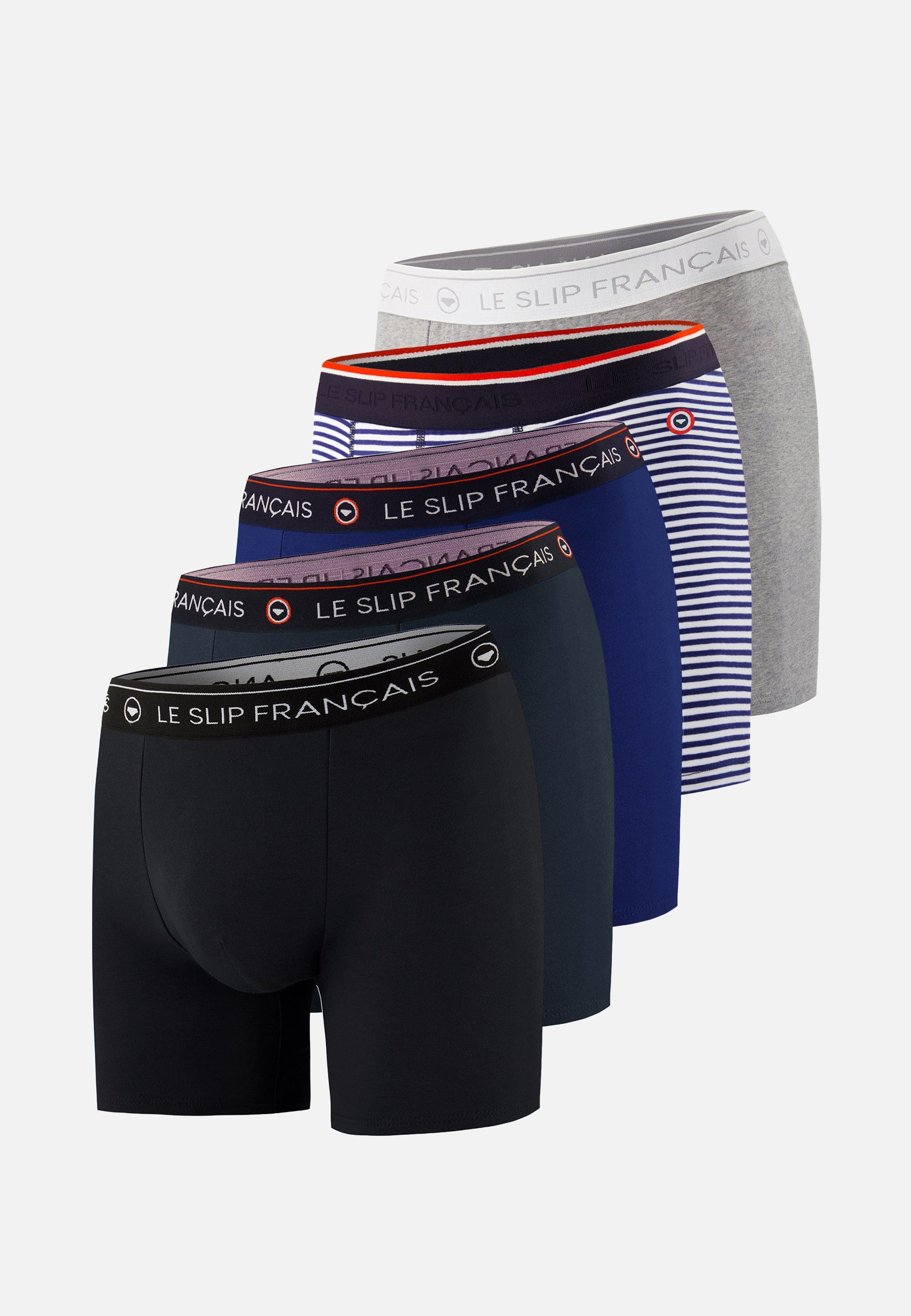 Lot de 5 boxers longs en coton - Boxers Longs Marinière Marine Indigo Noir Gris Chiné