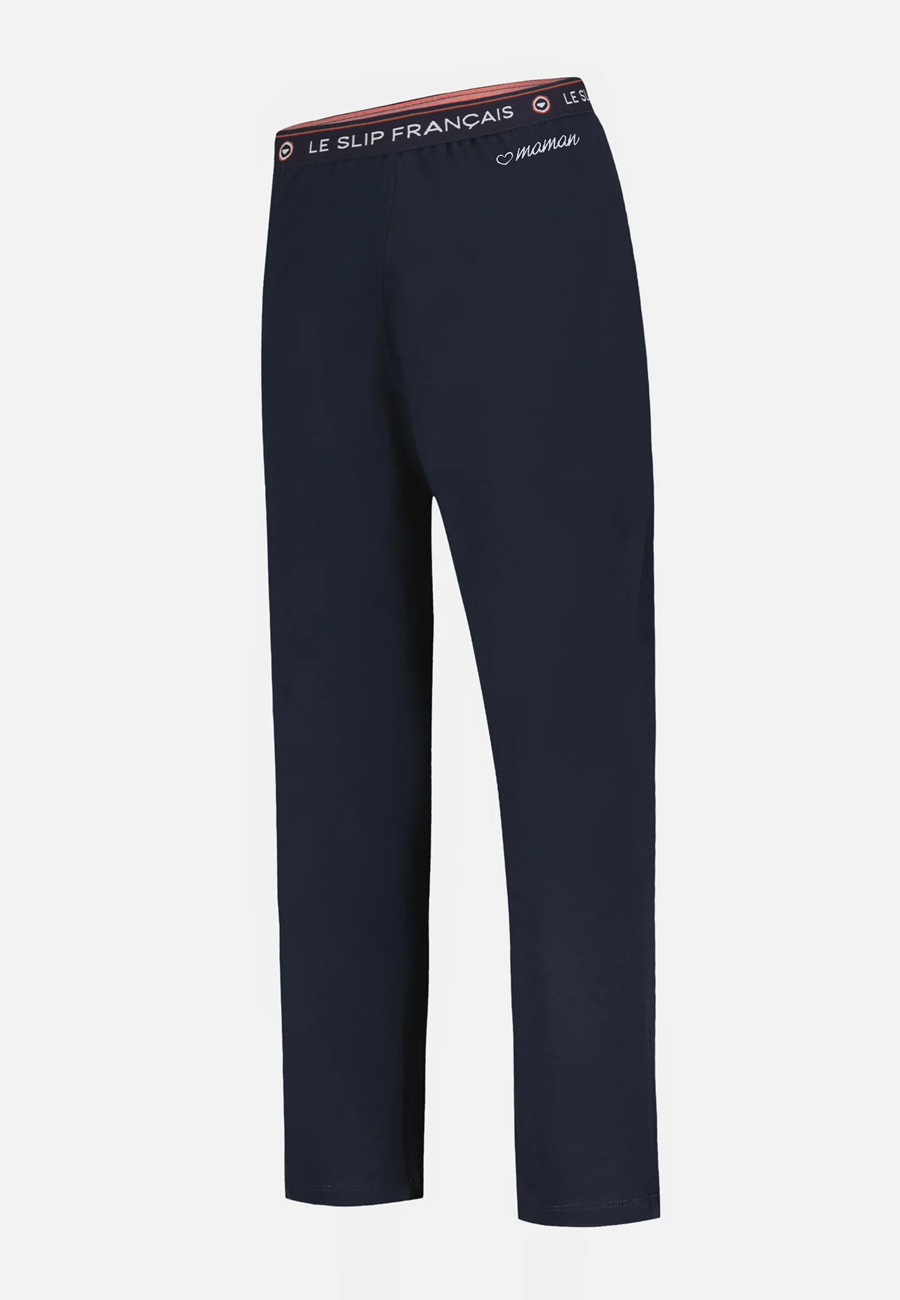 Bas de pyjama long femme bleu marine en coton - Vigoureuse Marine Brodé Cœur Maman