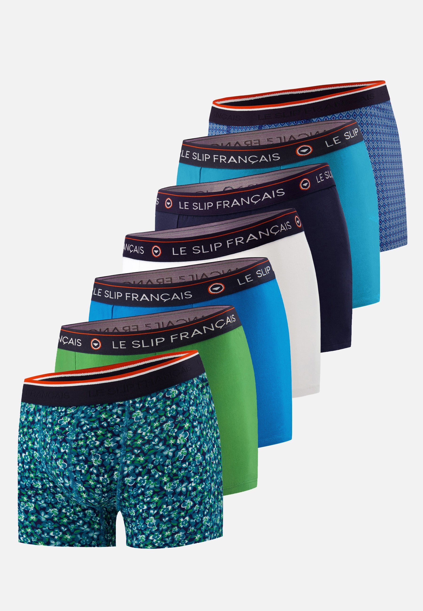 Lot de 7 boxers en coton - Boxers Hibiscus Topaz Mint Green Bleu Turquoise Arlequin Blanc Marine