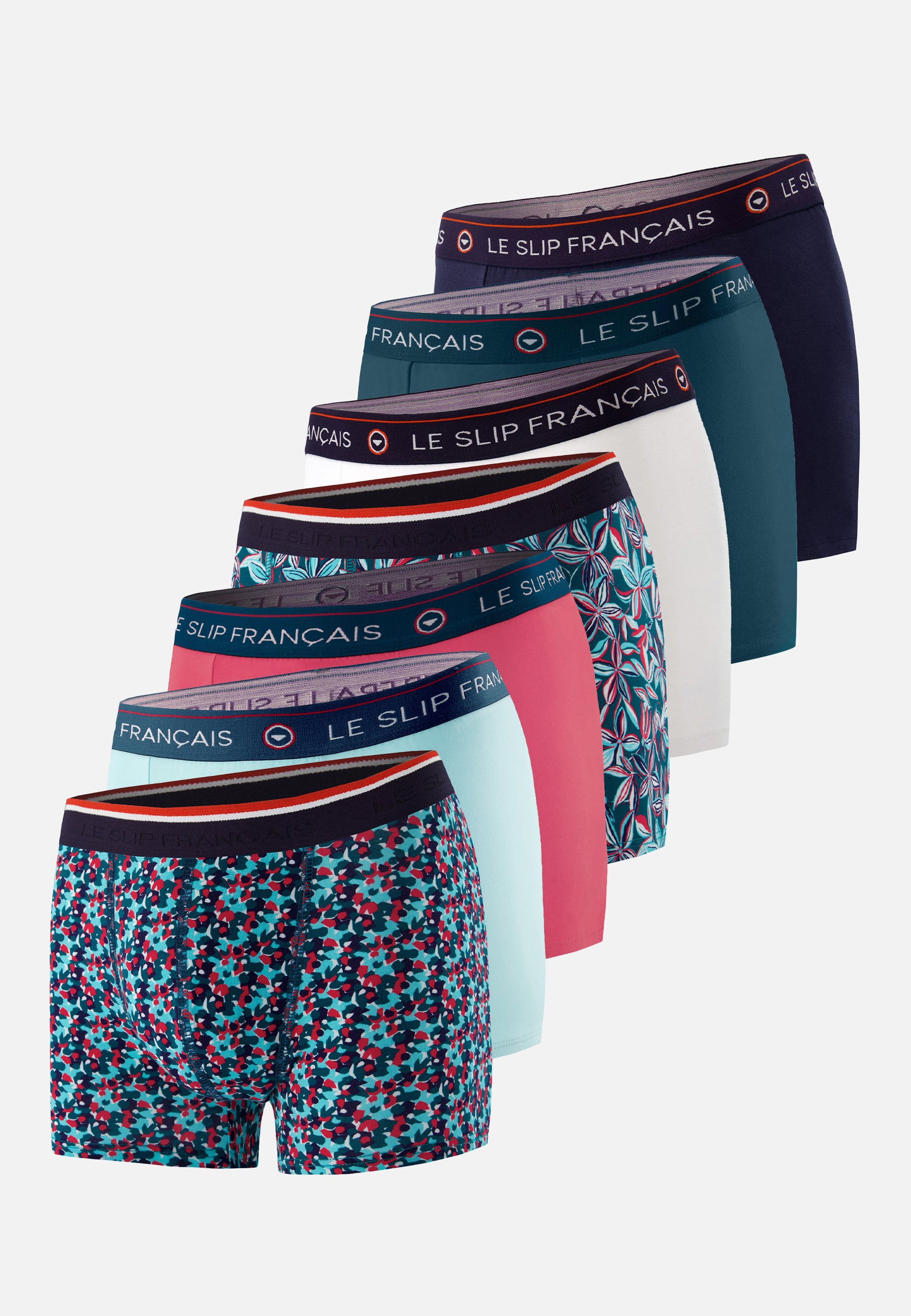 Lot de 7 boxers en coton - Boxers Marine Blanc Jasmin Canard Vert D'eau Confetti Rose