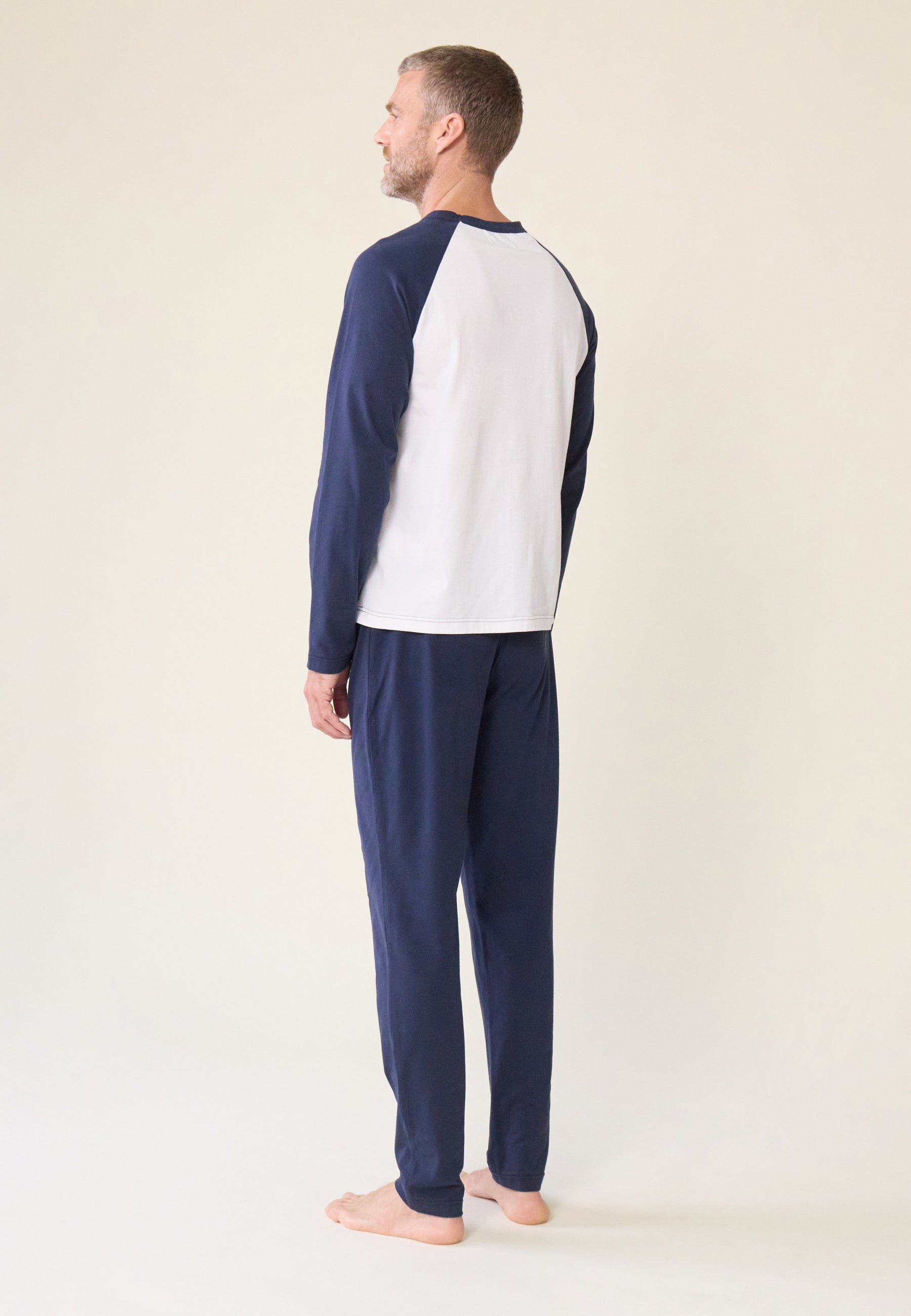 Blue cotton top and pants pajama set - Nathan pajamas, long sleeve top in white and long pajama bottoms in navy