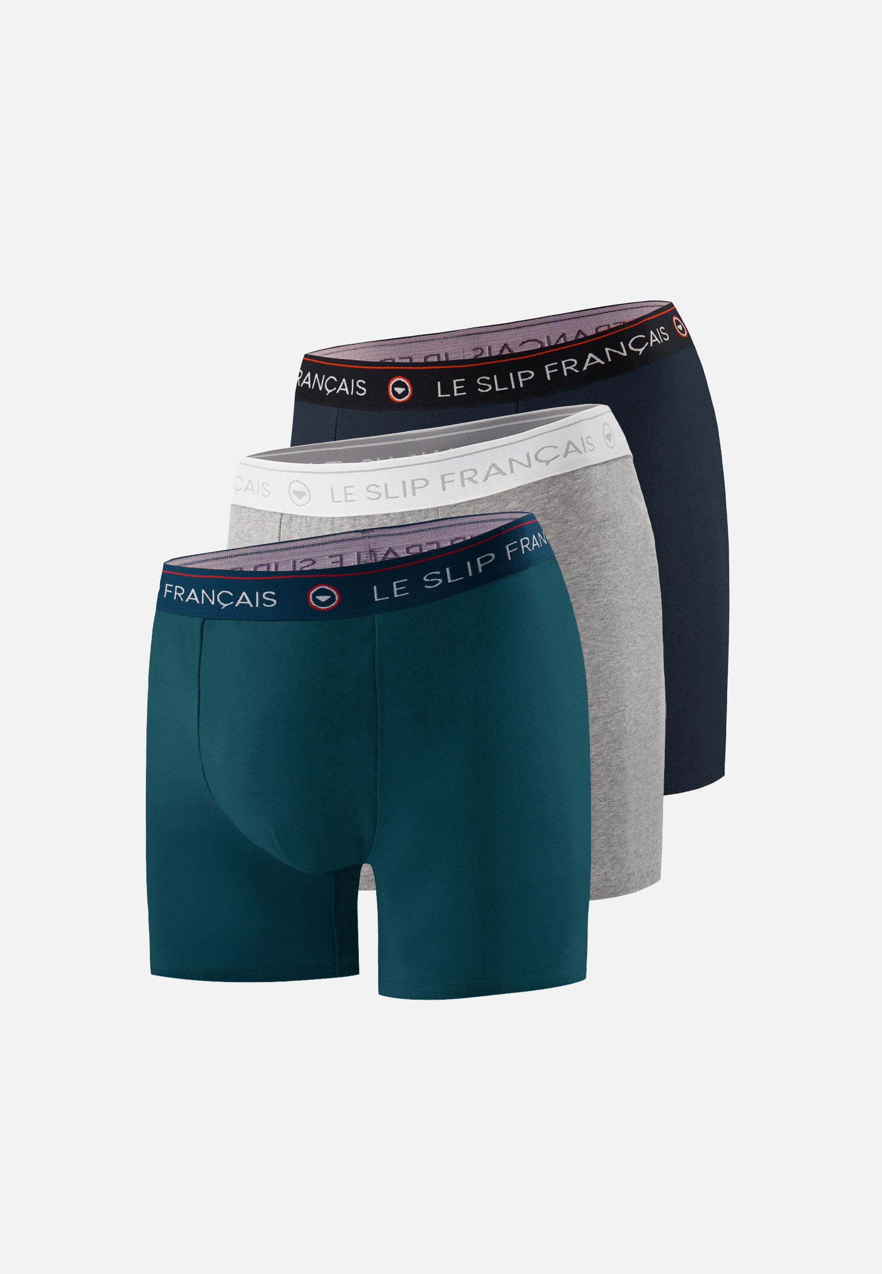 Lot de 3 boxers longs en coton - Boxers Longs Marine Gris Chiné Bleu Canard