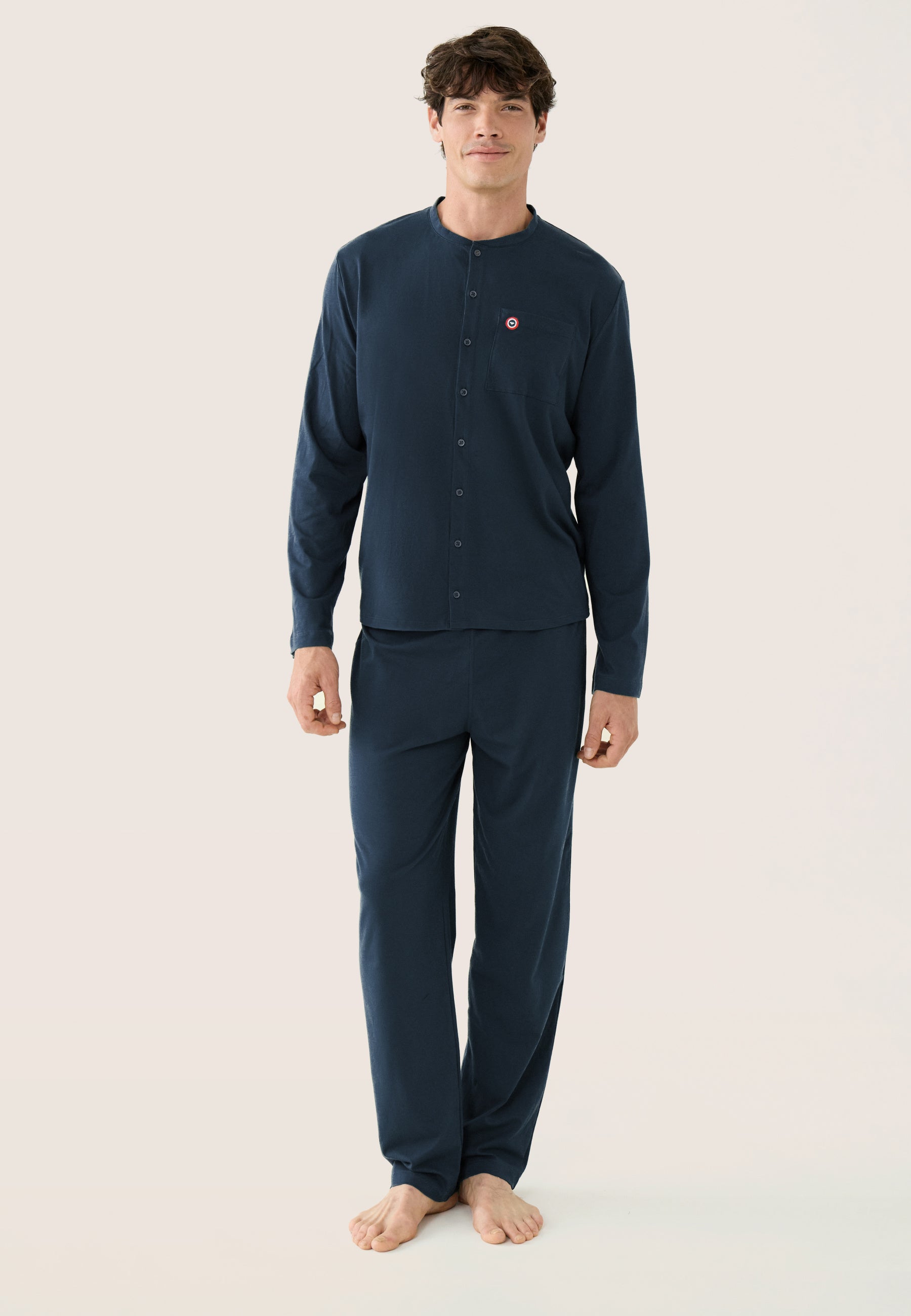 Ensemble pyjama haut et pantalon bleu marine en coton - Pyjama Hugo Haut Manches Longues Et Bas Long Uni Marine