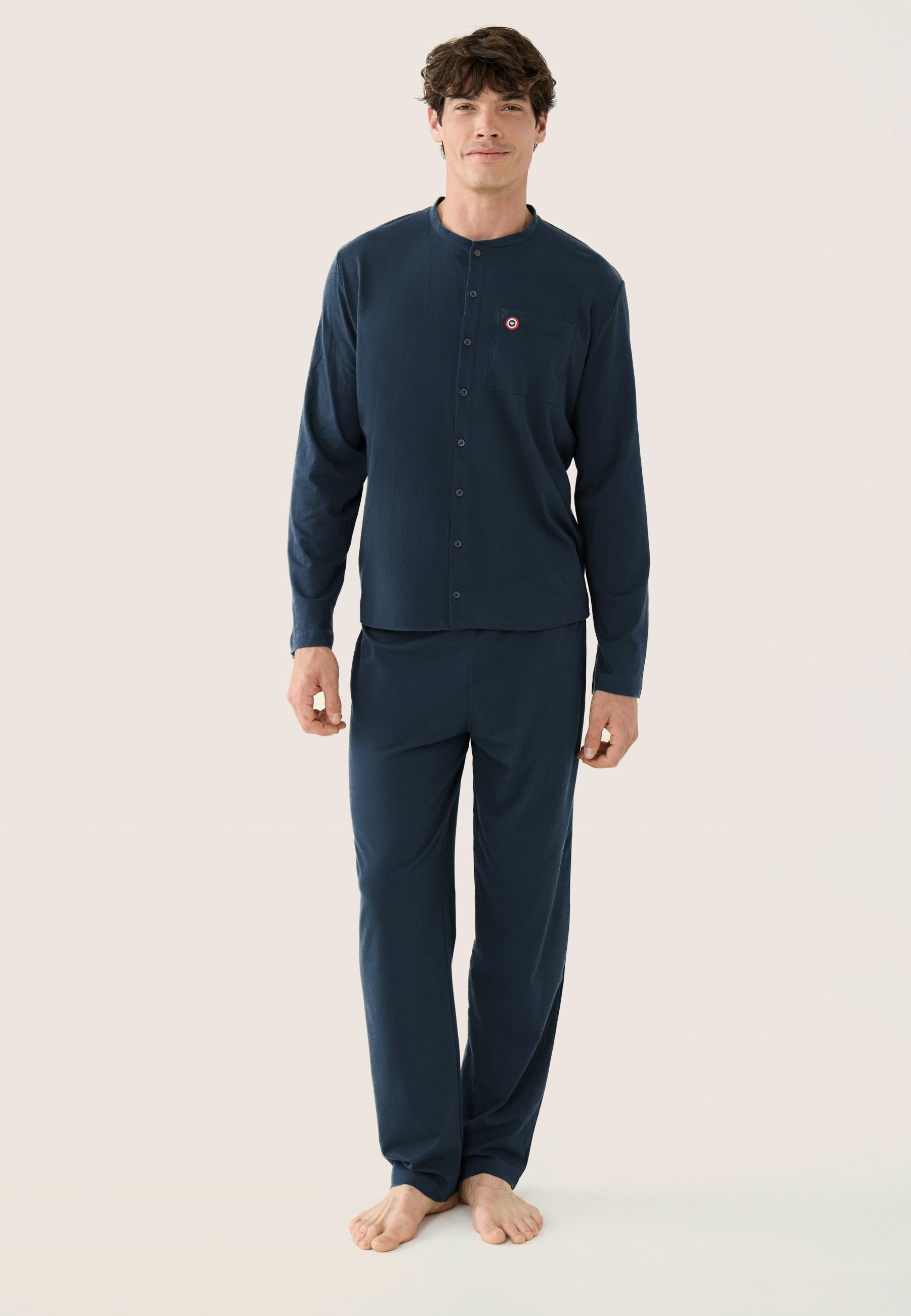 Ensemble pyjama haut et pantalon bleu marine en coton - Pyjama Haut Manches Longues Et Bas De Pyjama Long Hugo Marine