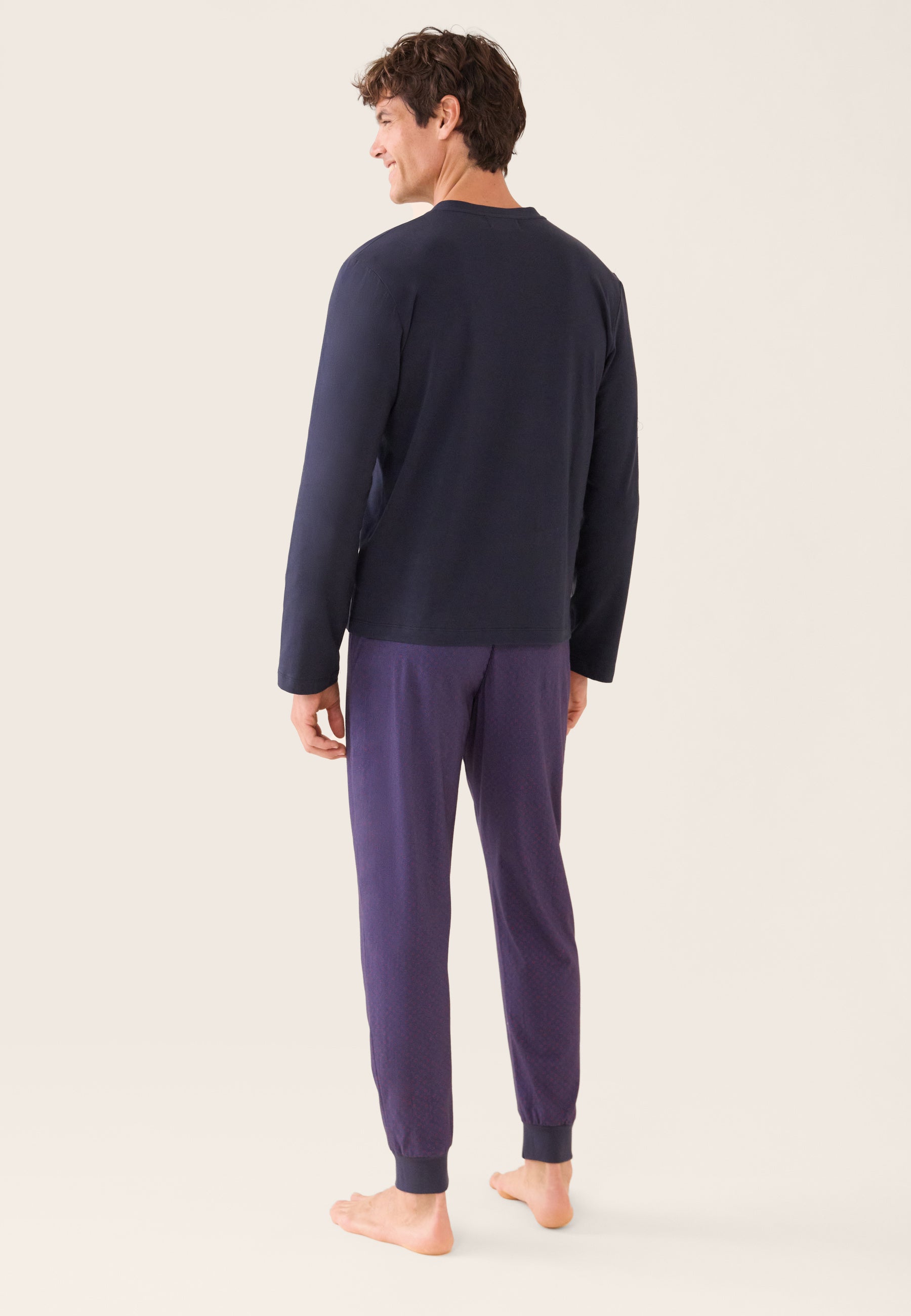 Ensemble pyjama haut bleu marine et pantalon fantaisie en coton - Pyjama Sebastien Haut Manches Longues Uni Marine Et Bas Long Fantaisie