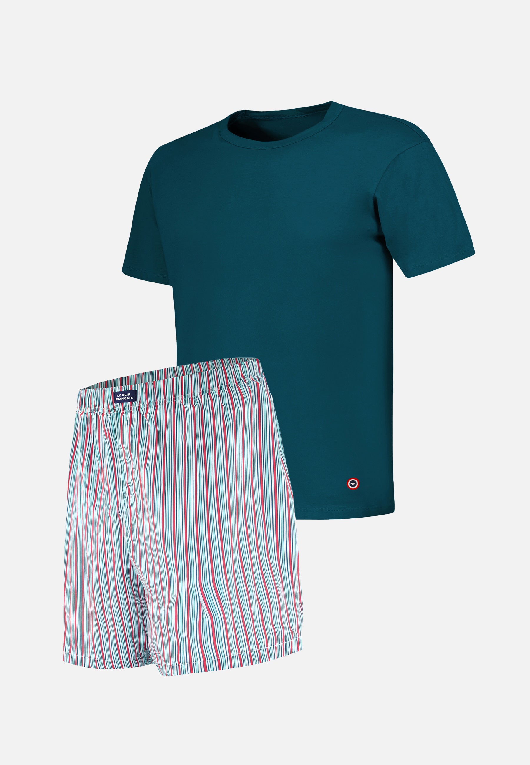 Ensemble pyjama haut et short en coton - Pyjama haut manches courtes formidable Bleu Canard et bas de pyjama court jacquot Rayures Matelas Rose Cerise