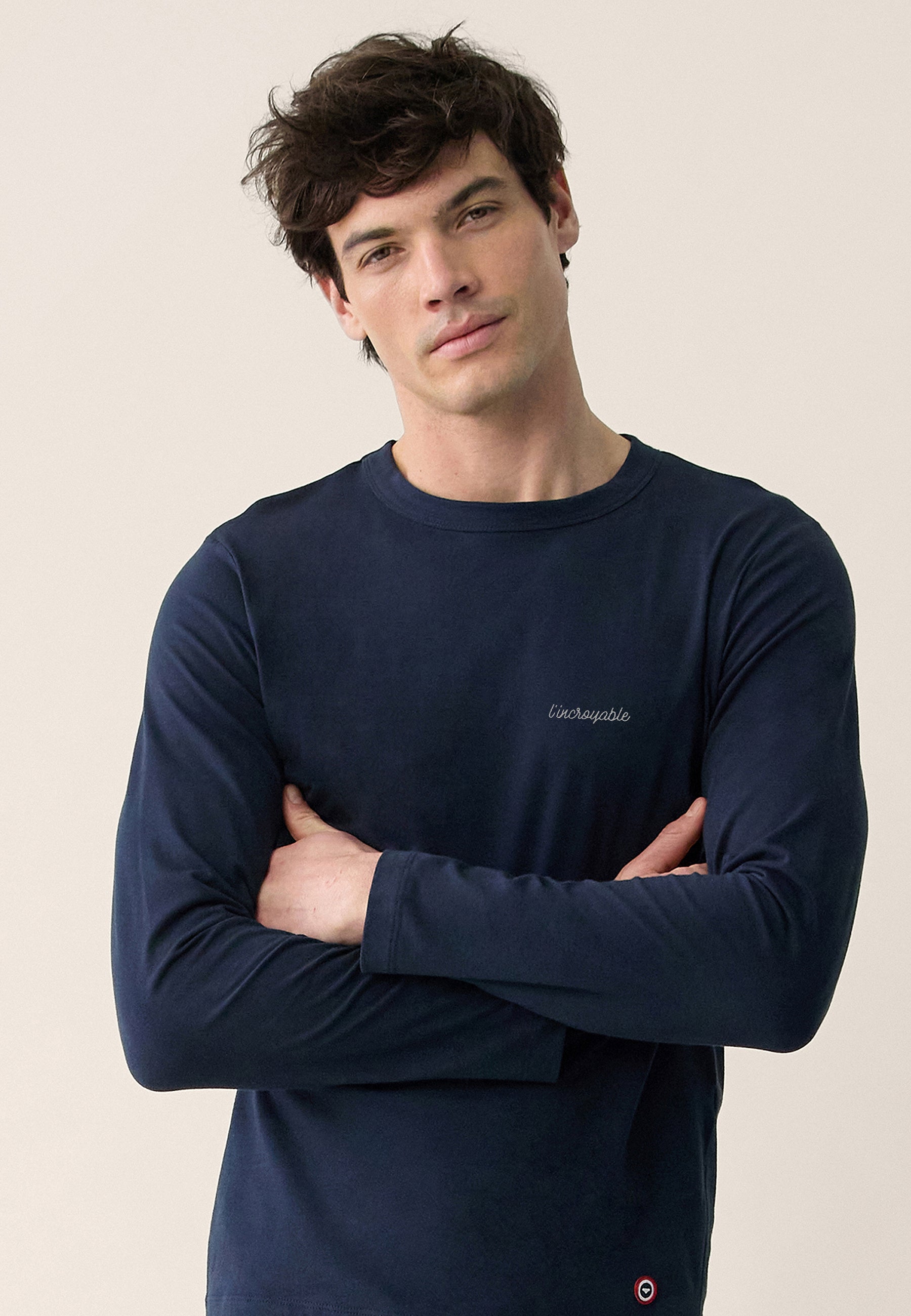 Ensemble pyjama haut marine et pantalon vert sapin en coton - Pyjama haut manches longues superbe Marine brodé L'Incroyable et bas de pyjama long indomptable Vert Sapin