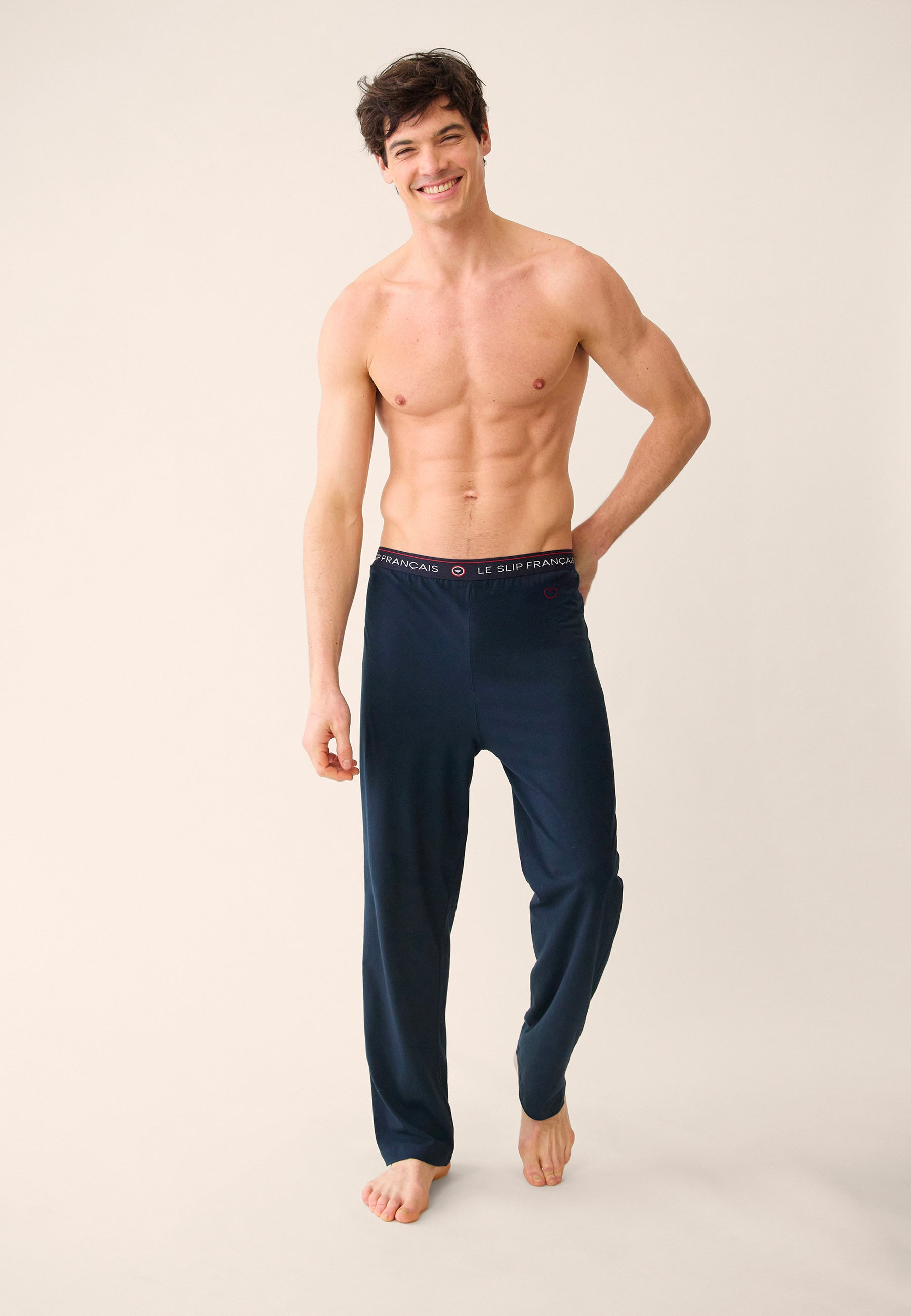 Men's long blue cotton pajama bottoms - Indomptable Marine Embroidered 'Heart'
