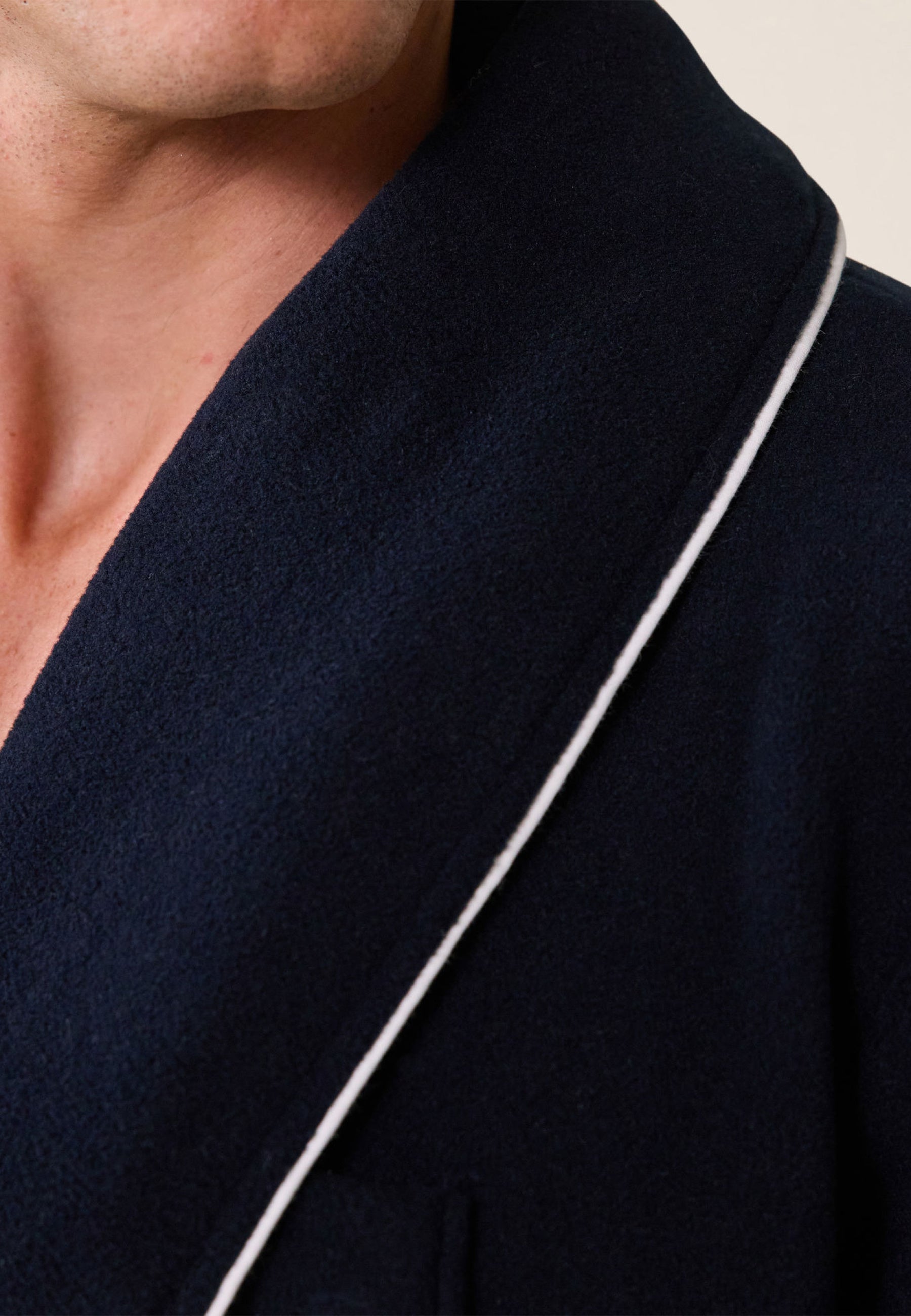 Men's warm navy blue dressing gown with shawl collar - Devy Navy Fleece Embroidered Lucky Charm