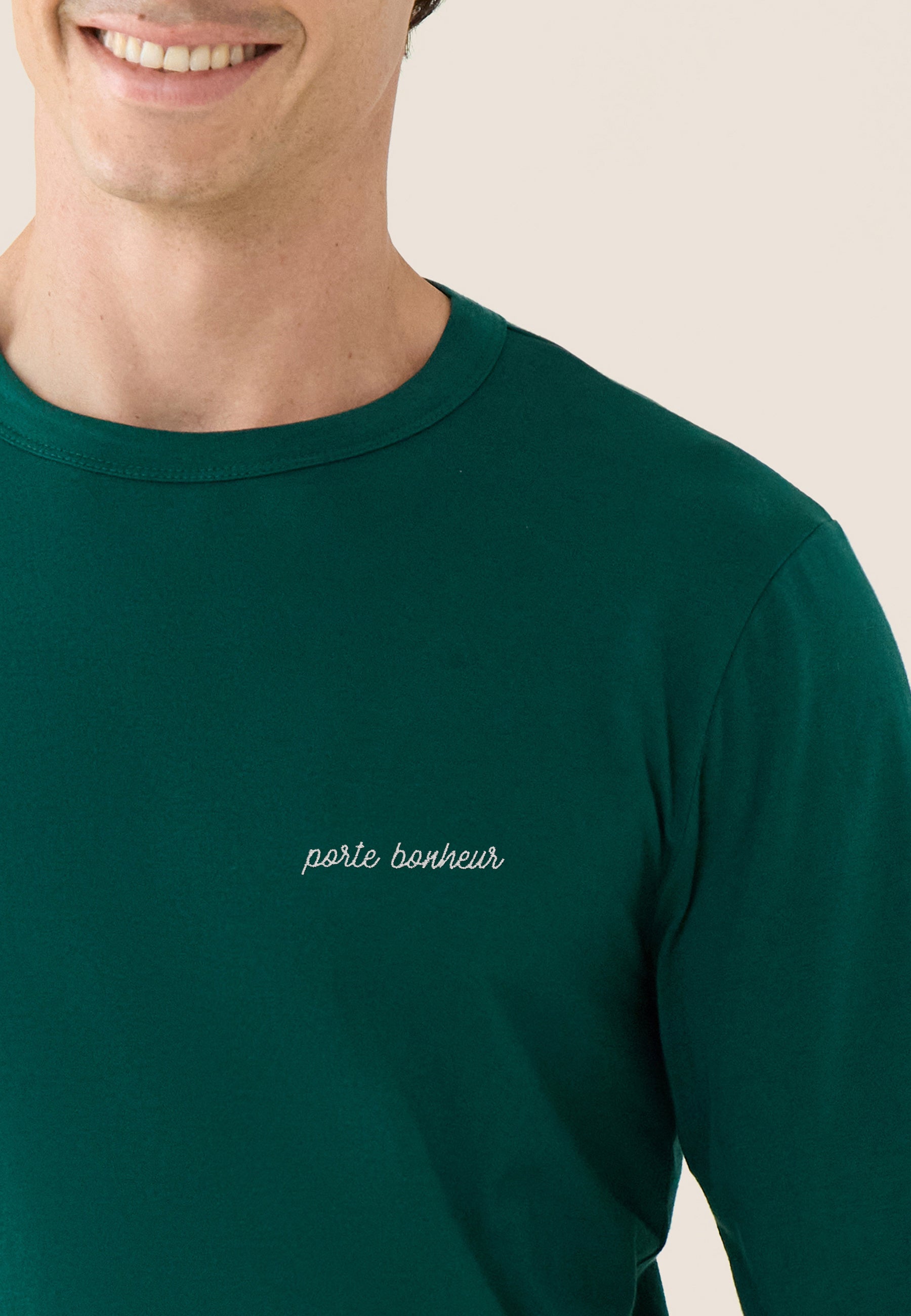 T-shirt homme vert sapin à manches longues en coton - Superbe Vert Sapin Brodé Porte Bonheur