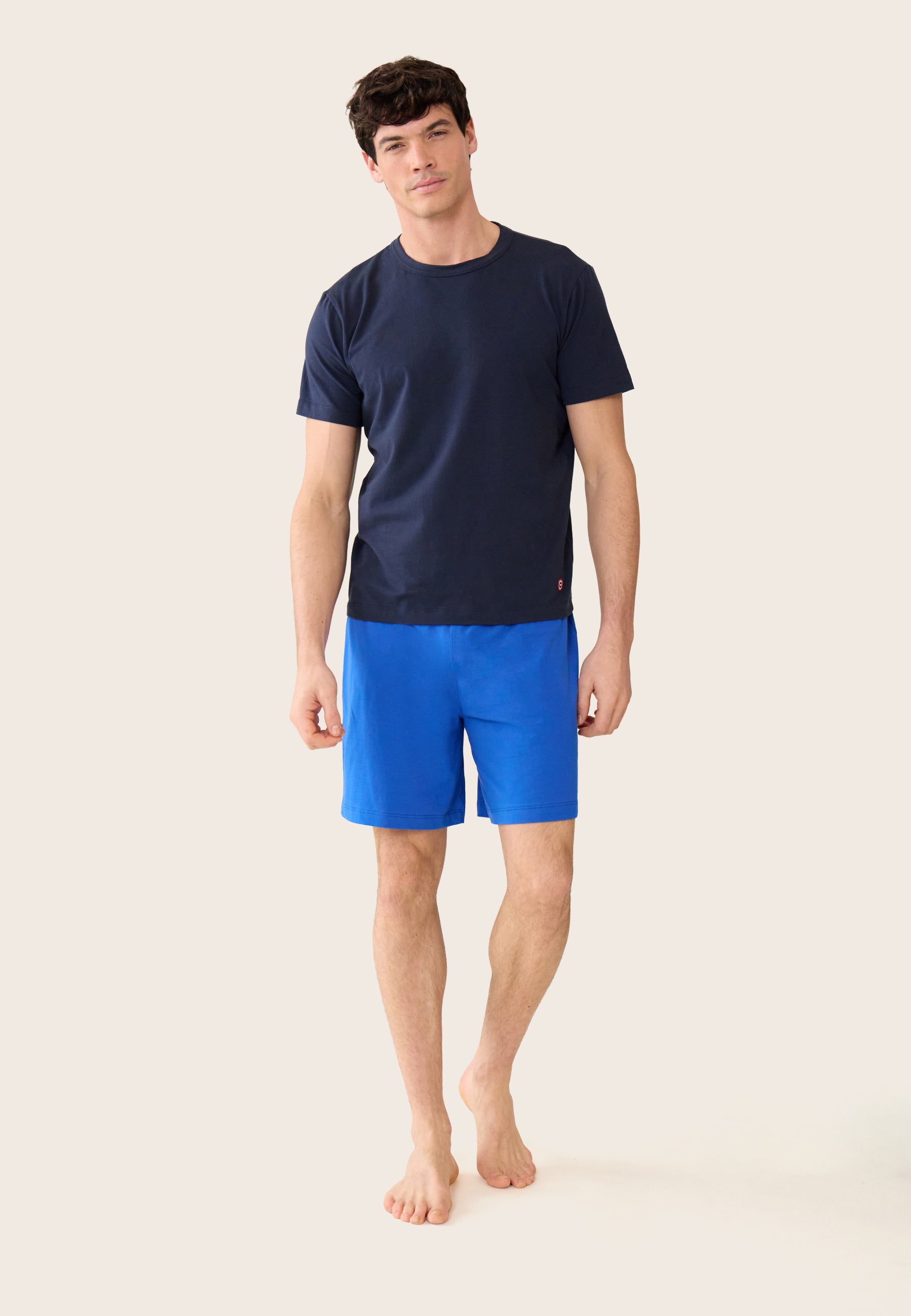 Cotton pyjama set (top and shorts) - Great navy short-sleeved pyjama top and invincible nautical blue short pyjama bottoms