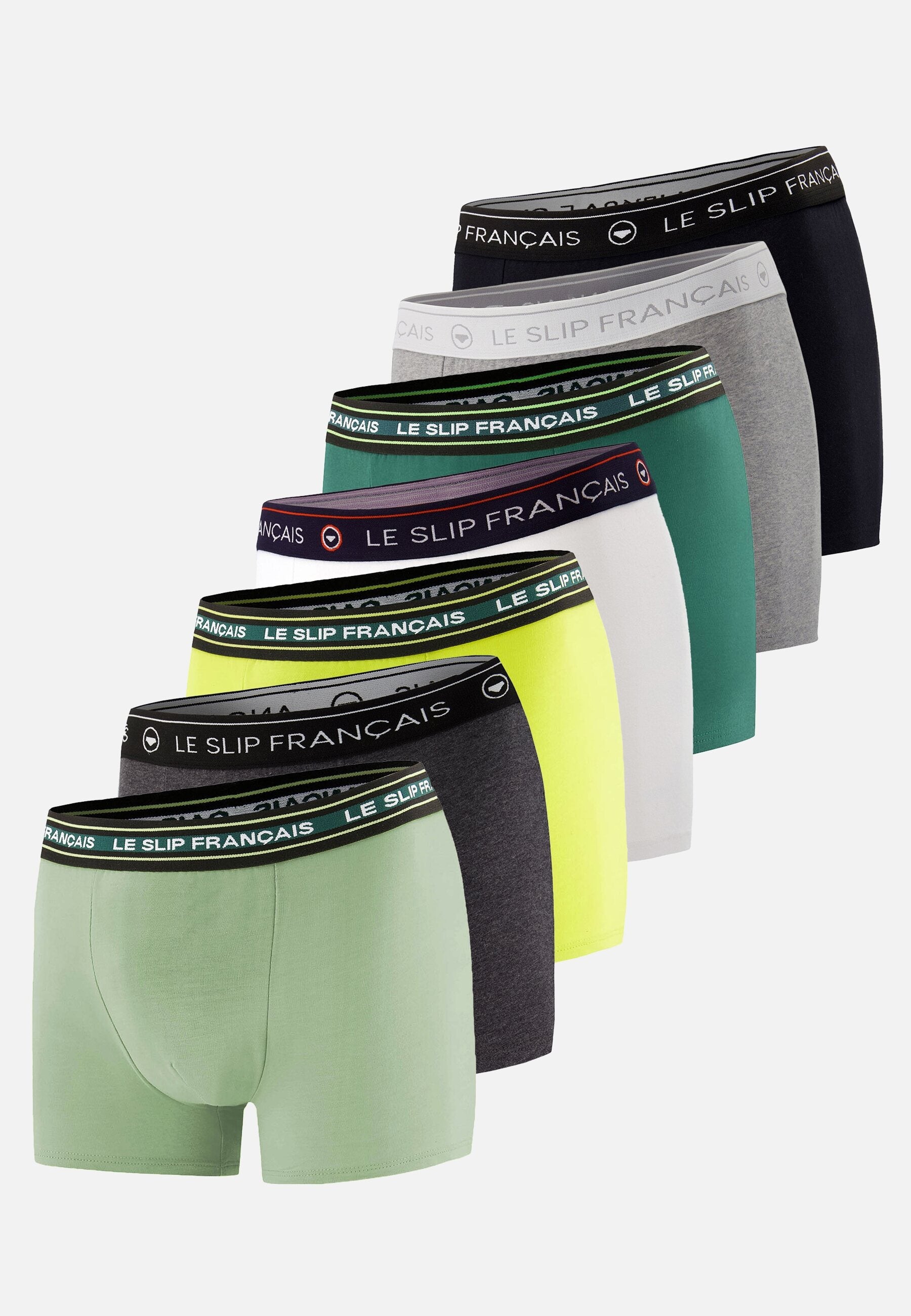 Lot de 7 boxers en coton - Boxers Noir Jaune Anis Vert Forêt Vert Sauge Anthracite Gris Chiné Blanc