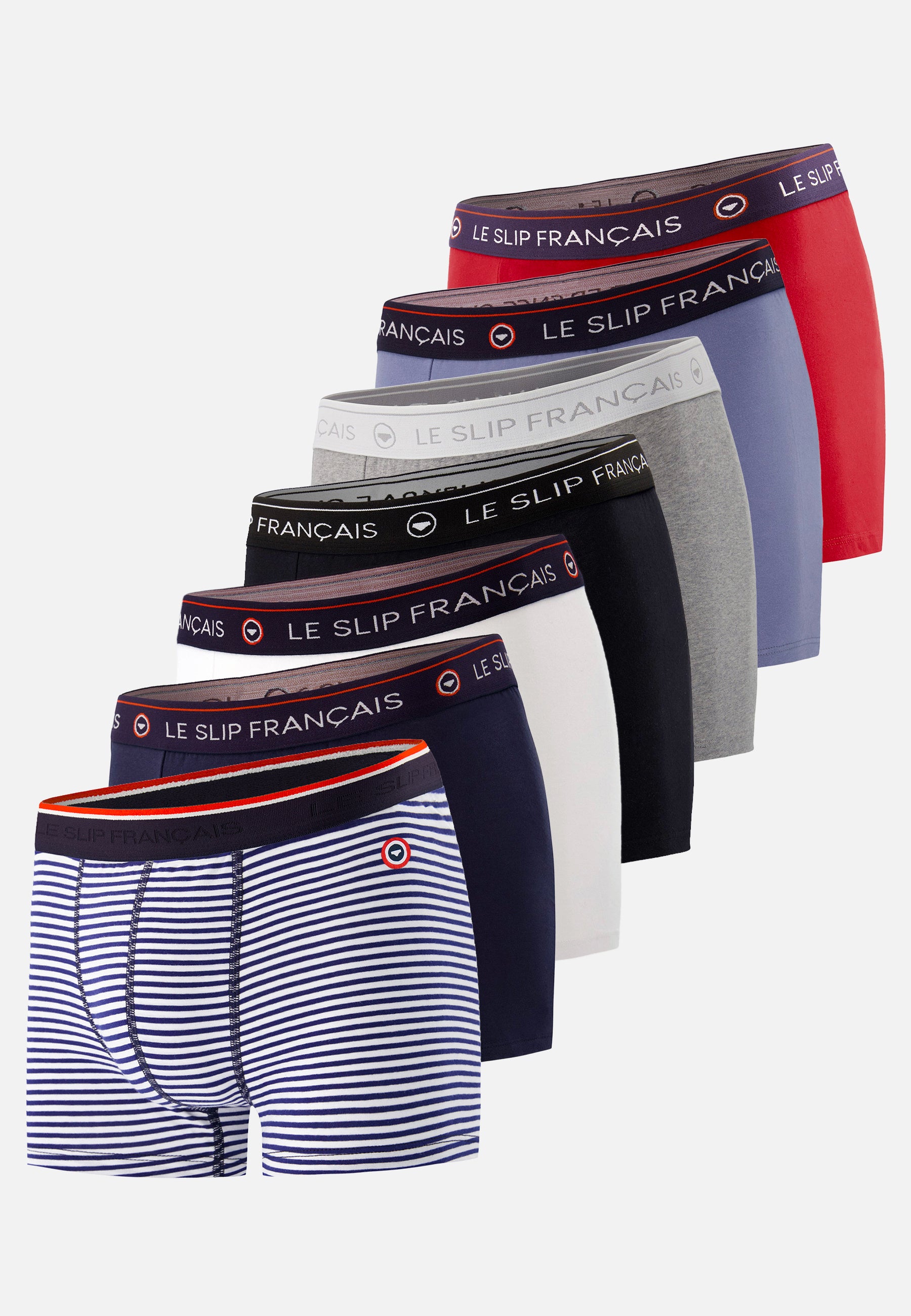 Lot de 7 boxers en coton - Boxers Marinière Bleu Marine Blanc Noir Gris Bleu Rouge