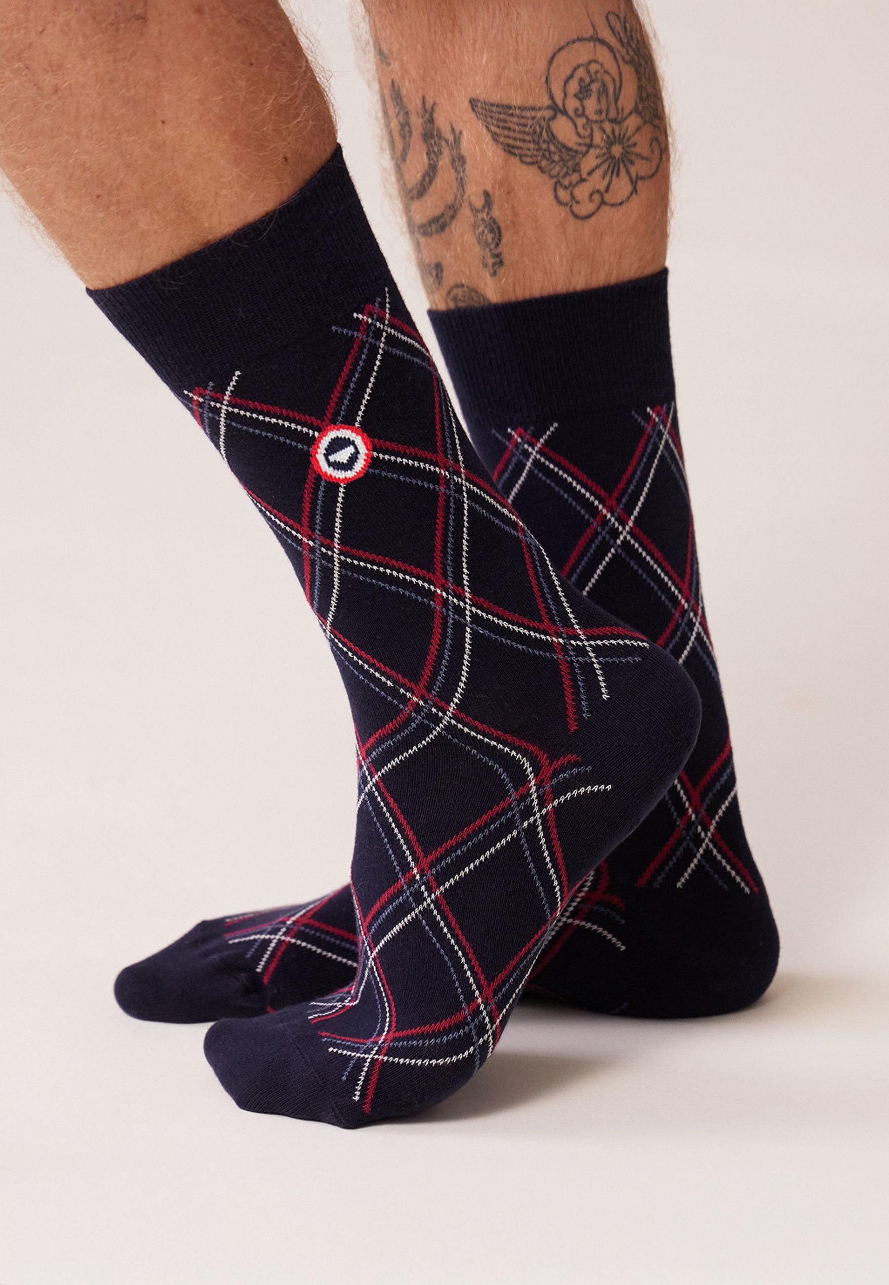 Mid-calf navy blue socks with a fancy check pattern - Lucas Tartan Marine