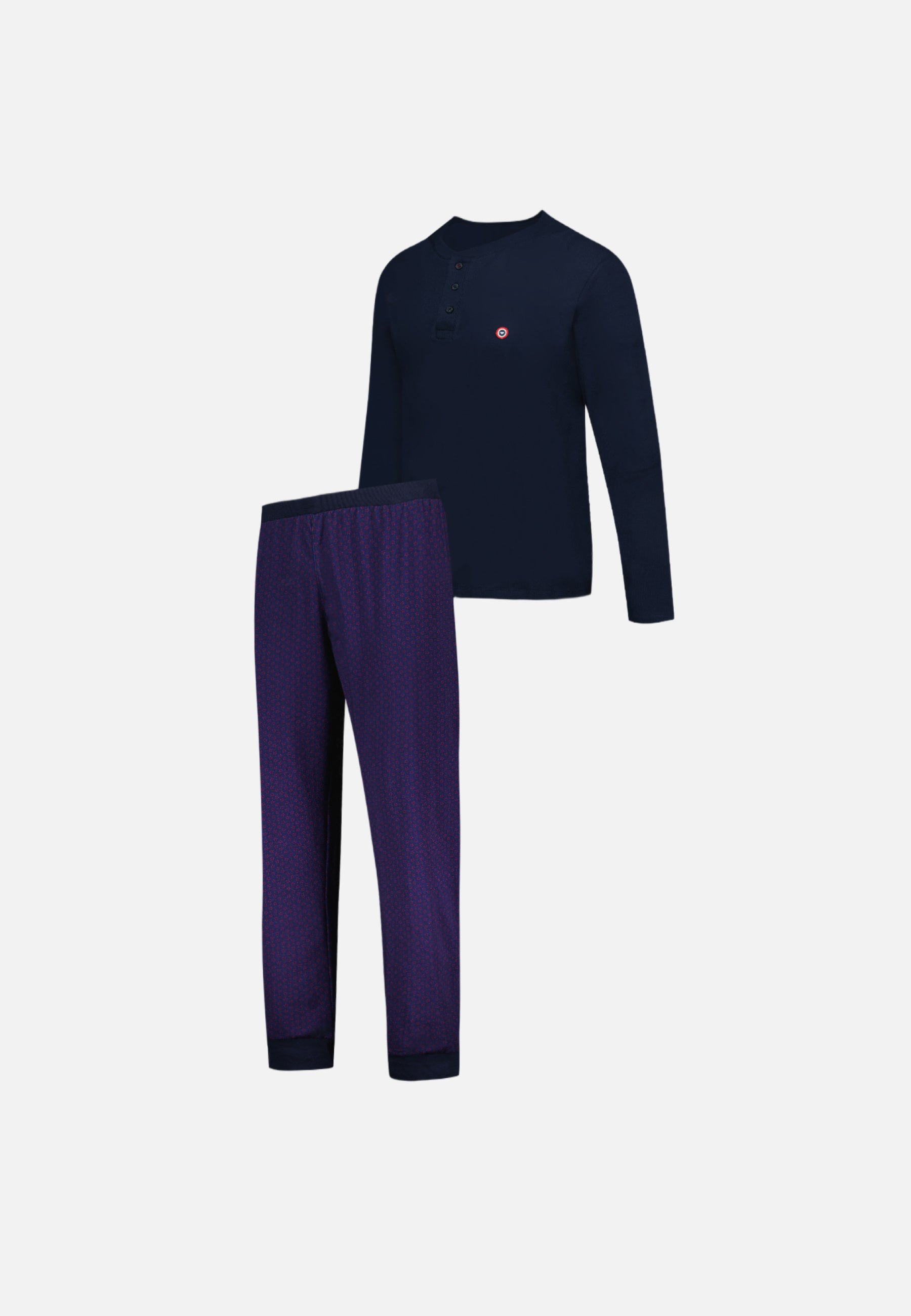 Ensemble pyjama haut bleu marine et pantalon fantaisie en coton - Pyjama Sebastien Haut Manches Longues Uni Marine Et Bas Long Fantaisie