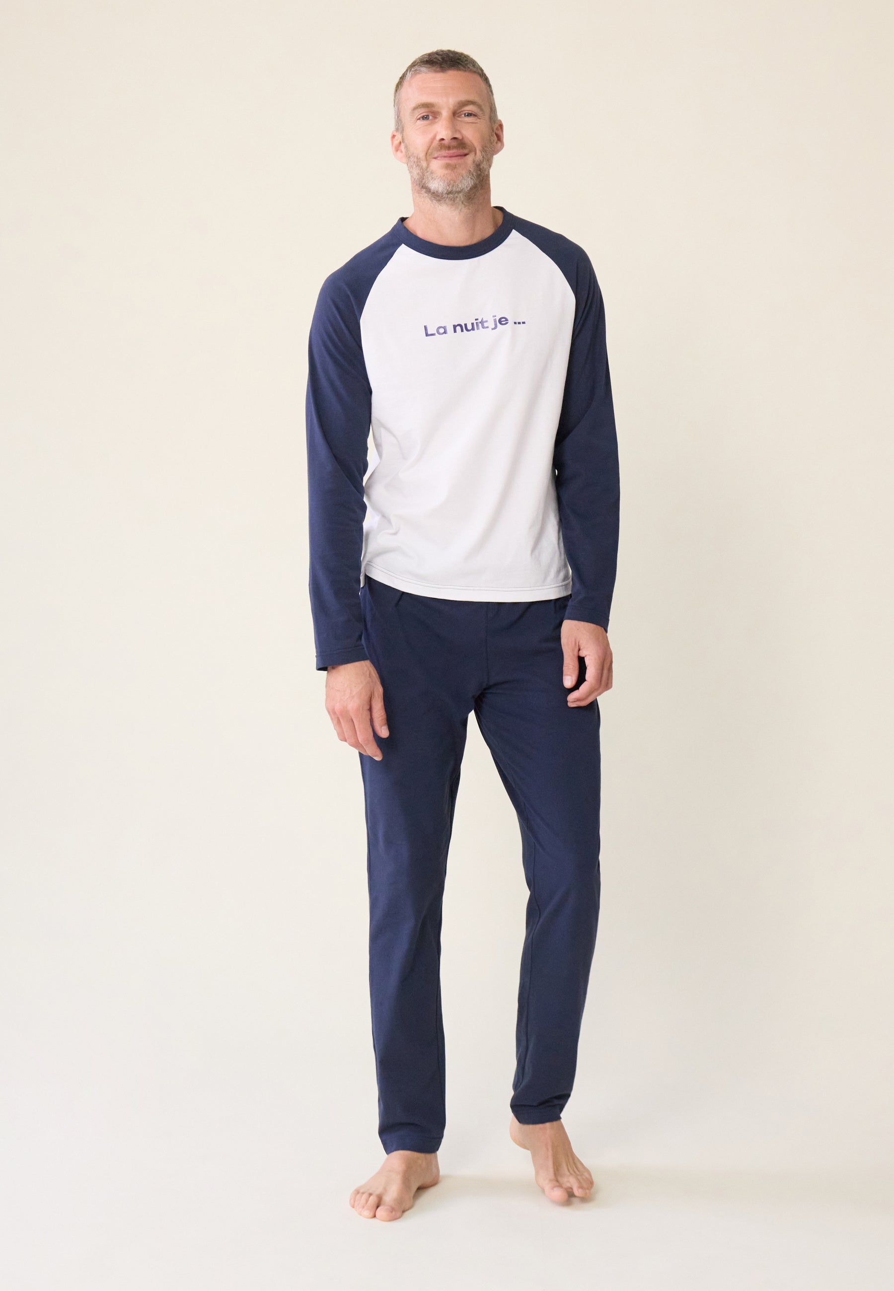 Blue cotton top and pants pajama set - Nathan pajamas, long sleeve top in white and long pajama bottoms in navy