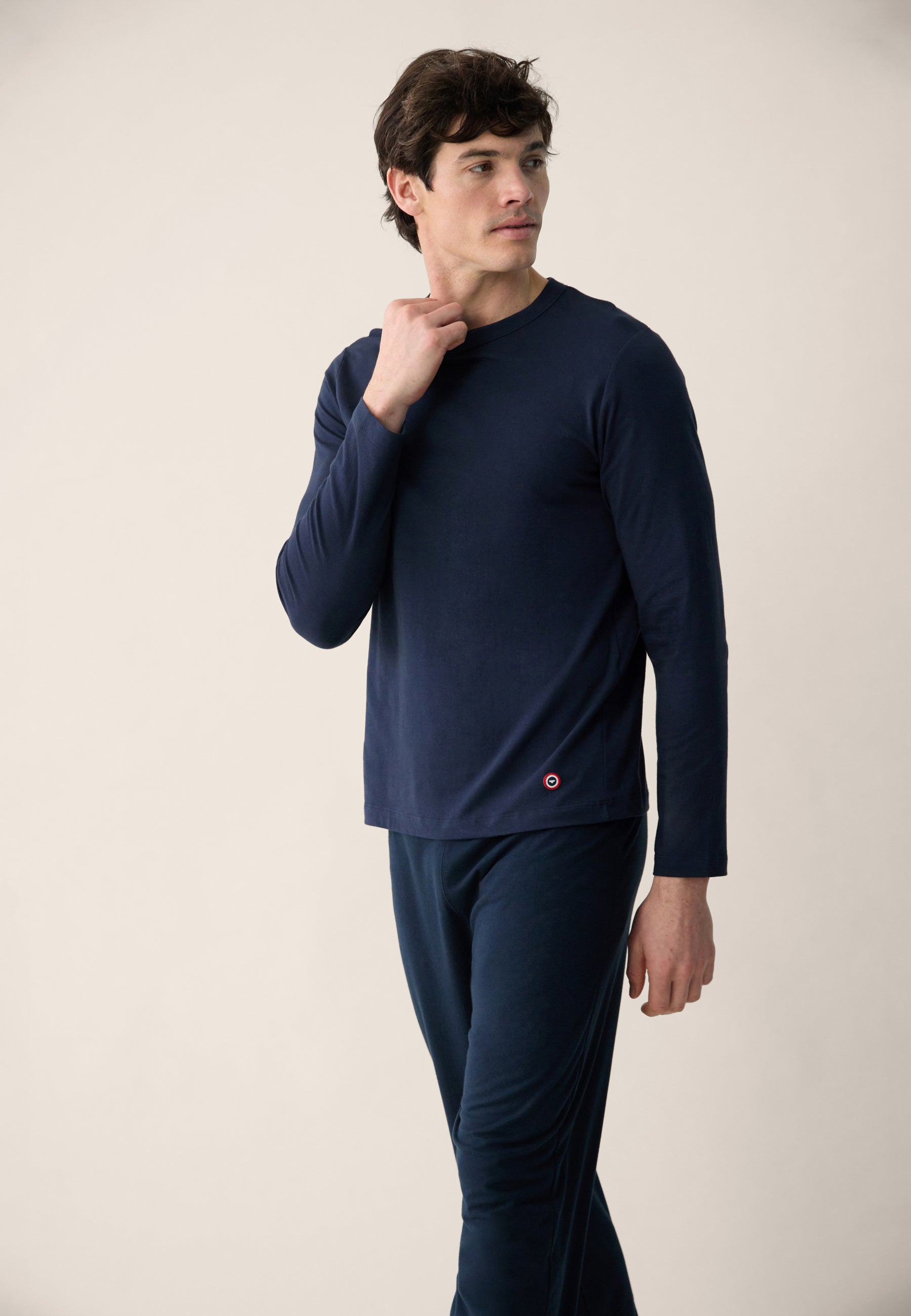 Navy Blue Cotton Top and Pants Pajama Set - Gorgeous Long Sleeve Top and Indomitable Long Navy Pajama Bottoms