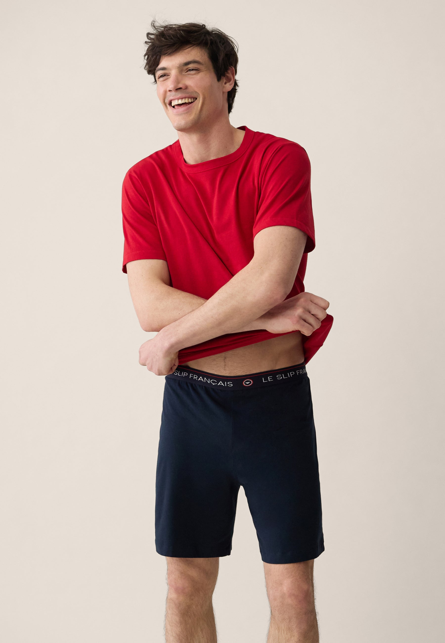 Red cotton top and navy shorts pajama set - Tremendous Cherry Red short sleeve pajamas and invincible Navy short pajama bottoms