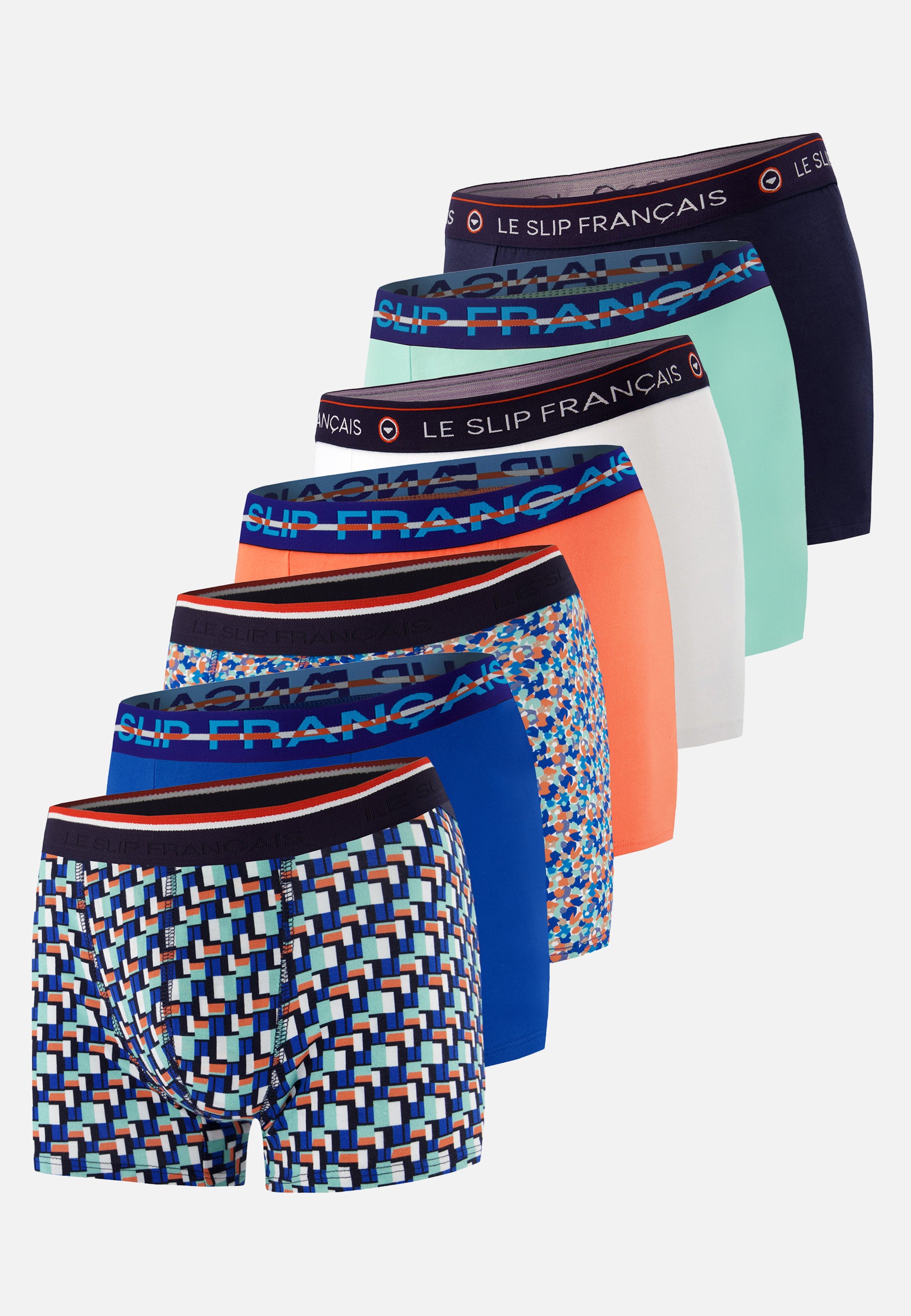Lot de 7 boxers en coton - Boxers Marine Blanc Corbusier Orange Confetti Bleu Nautique Vert Azur