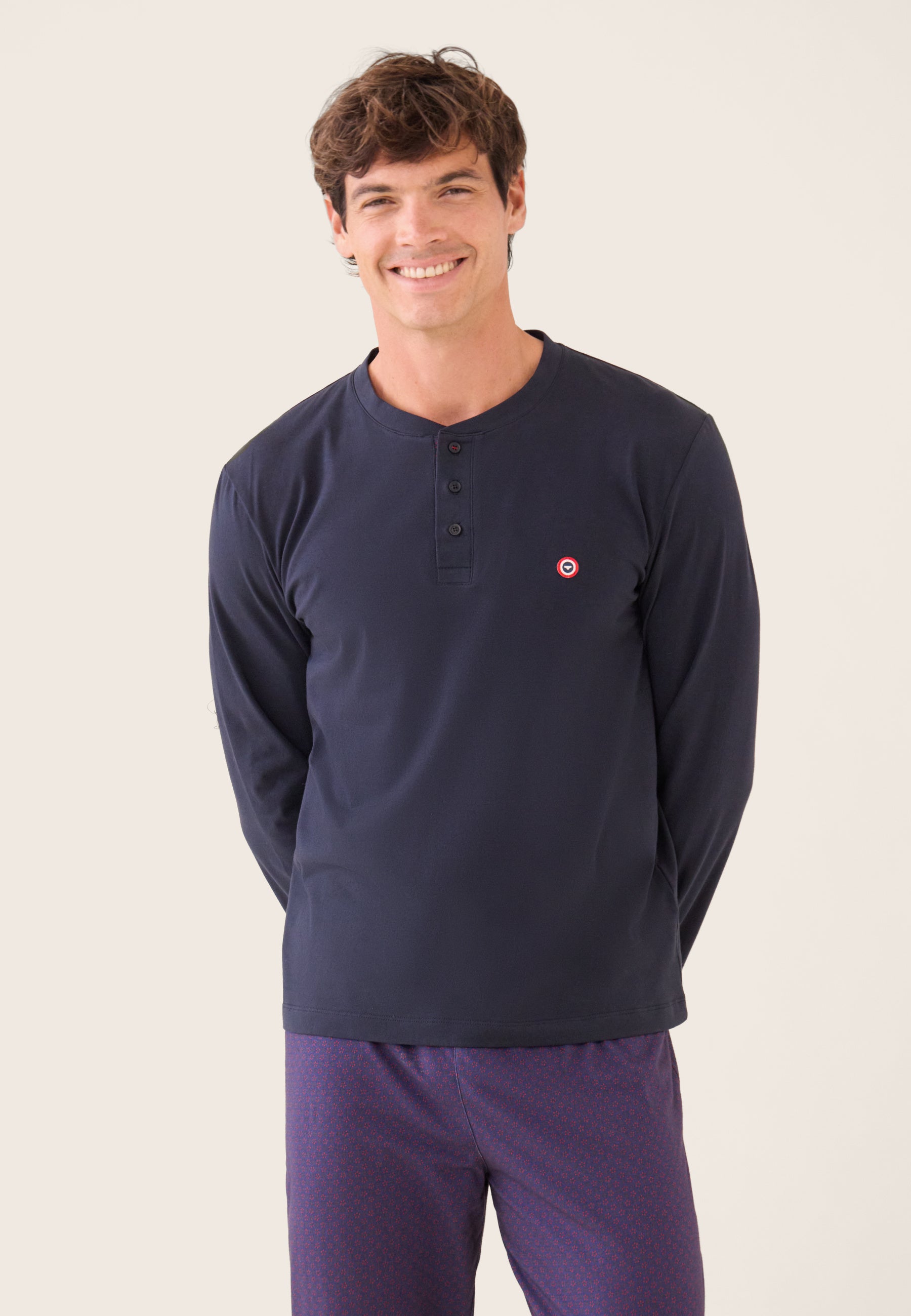 Navy blue top and fancy cotton pants pajama set - Sebastien Pajamas Plain Navy Long Sleeve Top and Fancy Long Bottoms