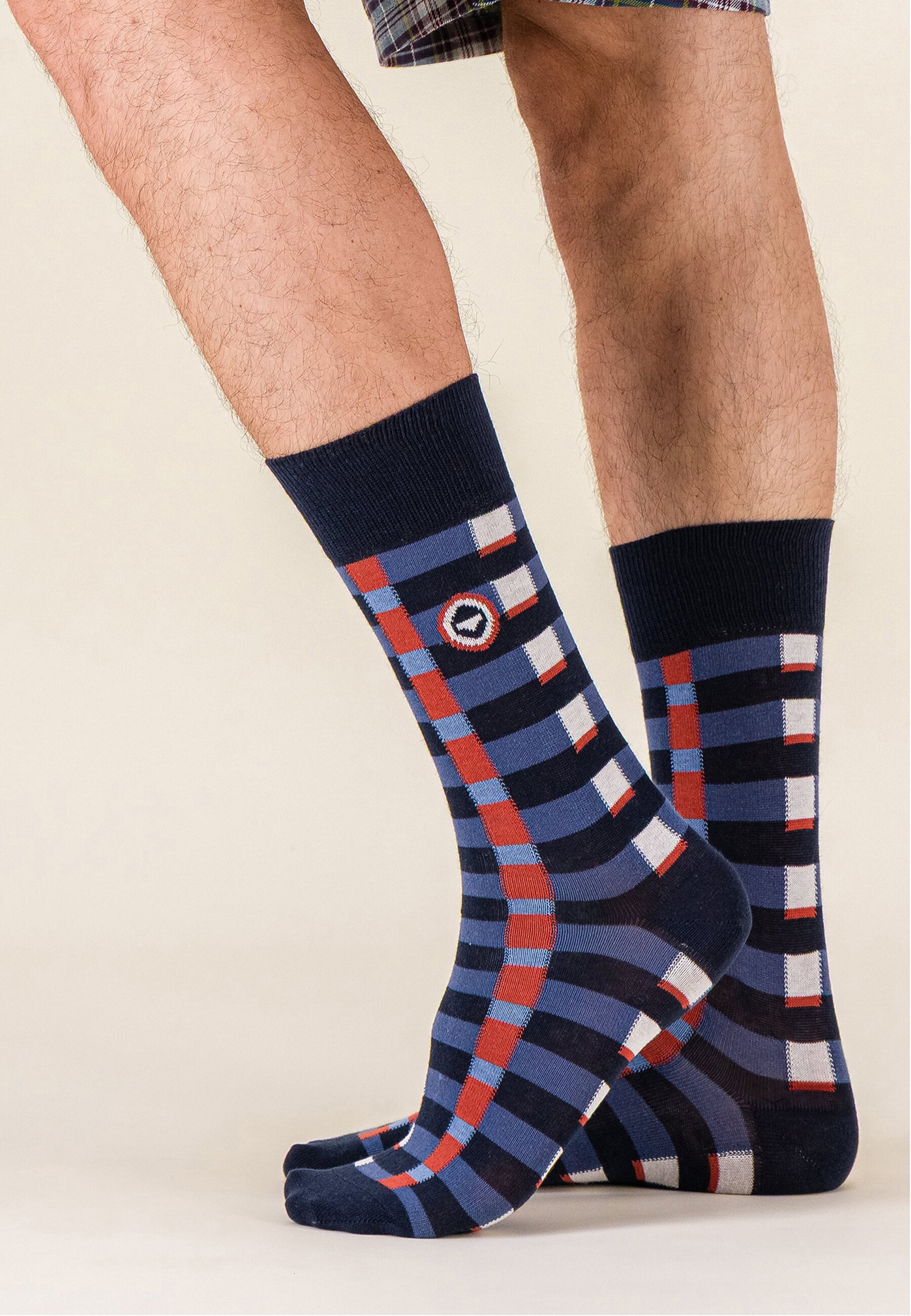 Lot de 7 chaussettes en coton - Chaussettes Mosaïque Rouge Brique Bleu Jean Acier Marine Blanc Marinière Bleu